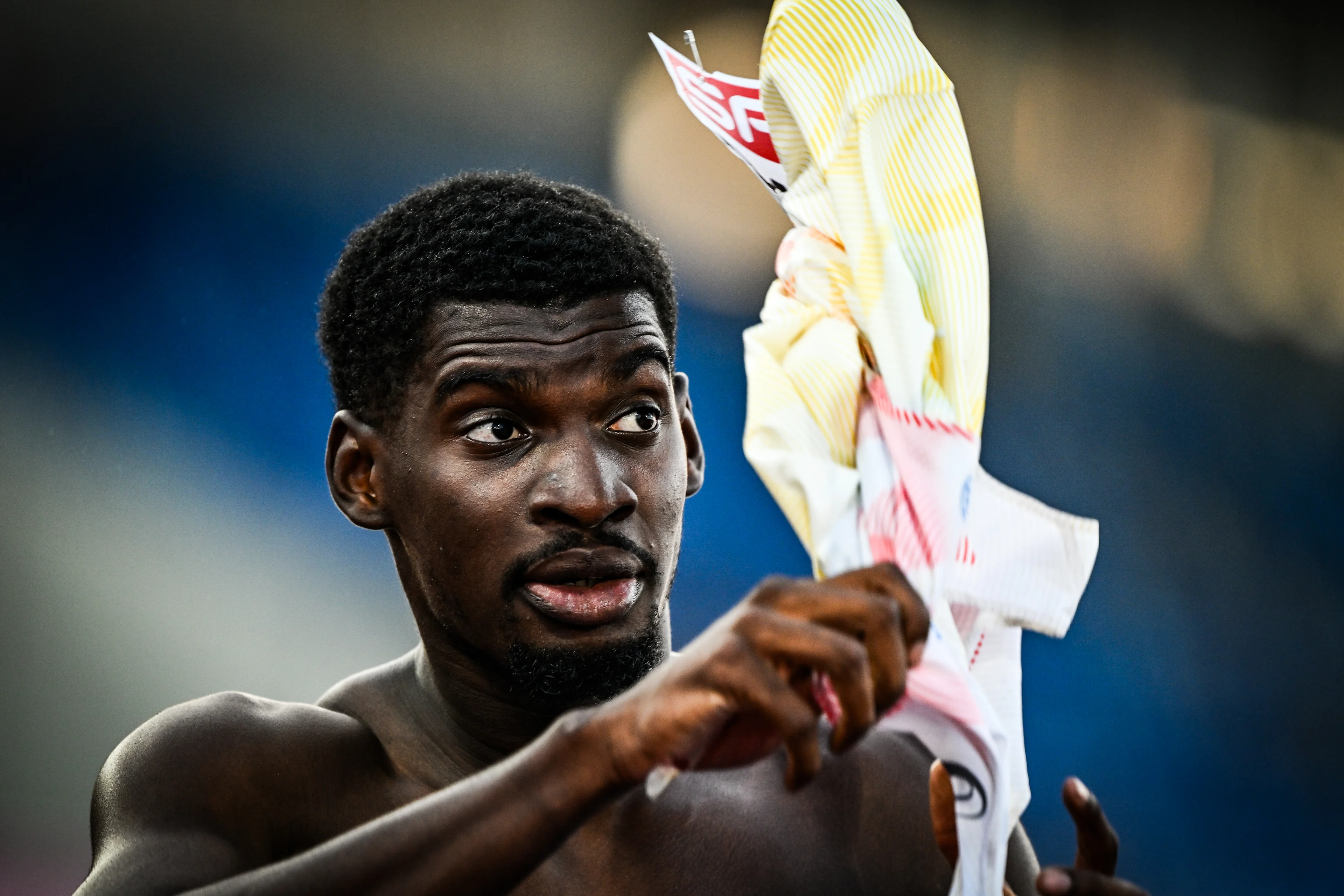 Belgium's Elie Bacari reacts during the semifinals of the Men 110m hurdles race, on the second day of the European Athletics Championships (August 10-18) in Birmingham, United Kingdom, on Wednesday 12 August 2026. BELGA PHOTO ERIC LALMAND