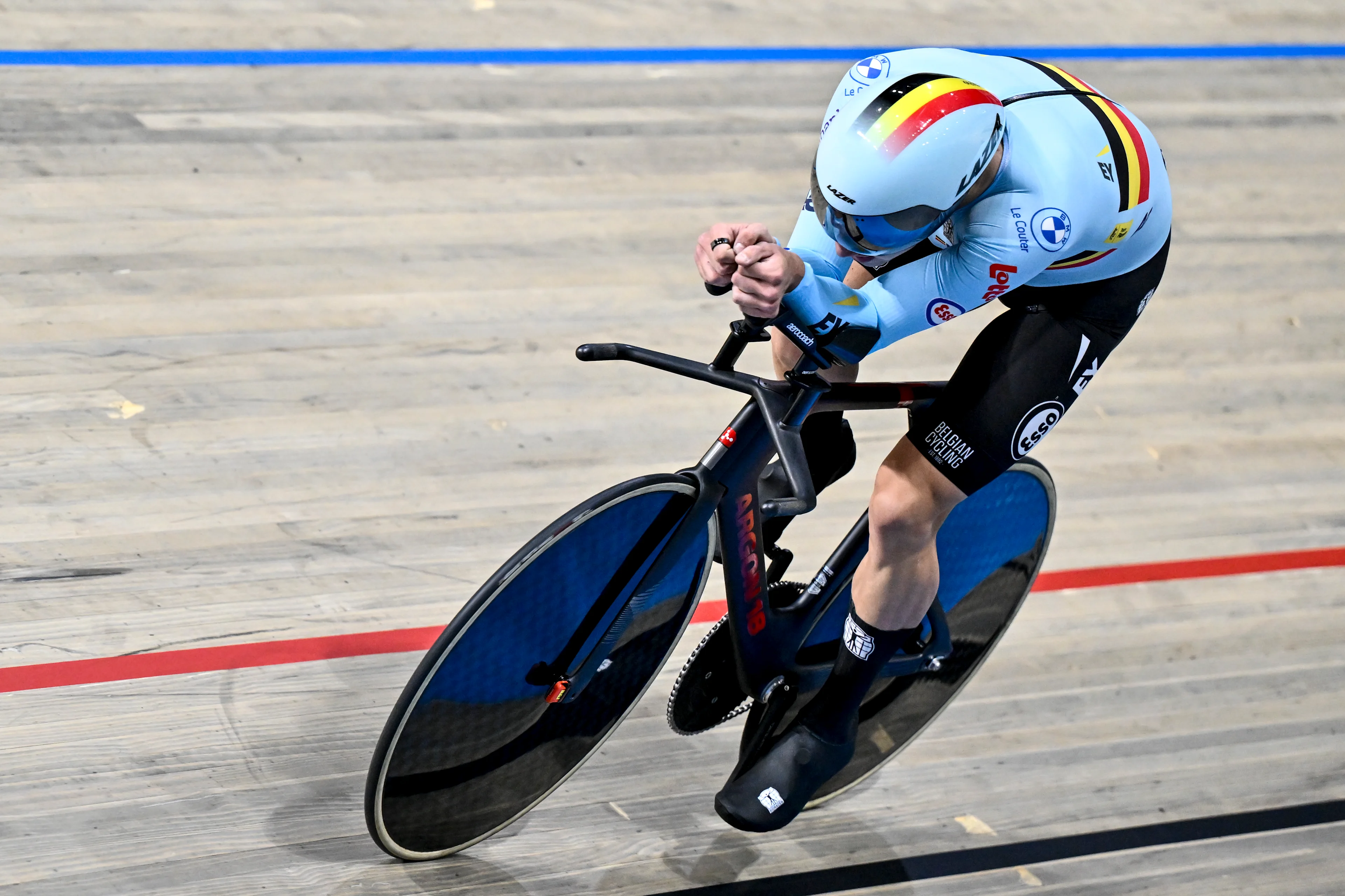 Belgian Noah Vandenbranden pictured in action during the Men's Individual Pursuit at the 2024 UEC Track Elite European Championships in Apeldoorn, Netherlands, Friday 12 January 2024. The European Championships take place from 10 to 14 January. BELGA PHOTO DIRK WAEM