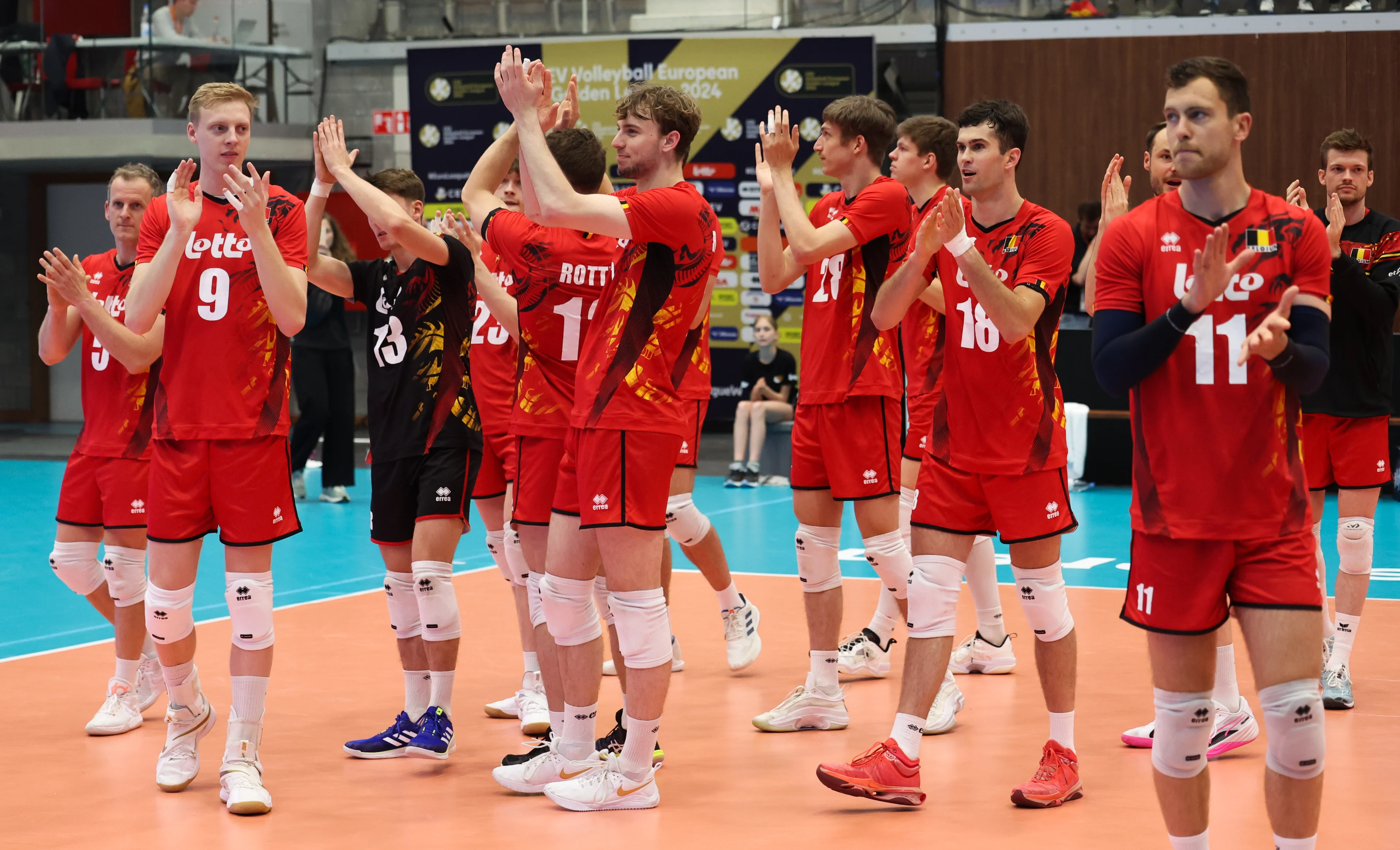 Belgium's players celebrate after winning a volleyball match between Belgium's national men's volleyball team, the Red Dragons, and the Azeri national men's volleyball team, in match 3/6 of the League Round of the European Golden League men, in Beveren, Friday 24 May 2024. BELGA PHOTO VIRGINIE LEFOUR