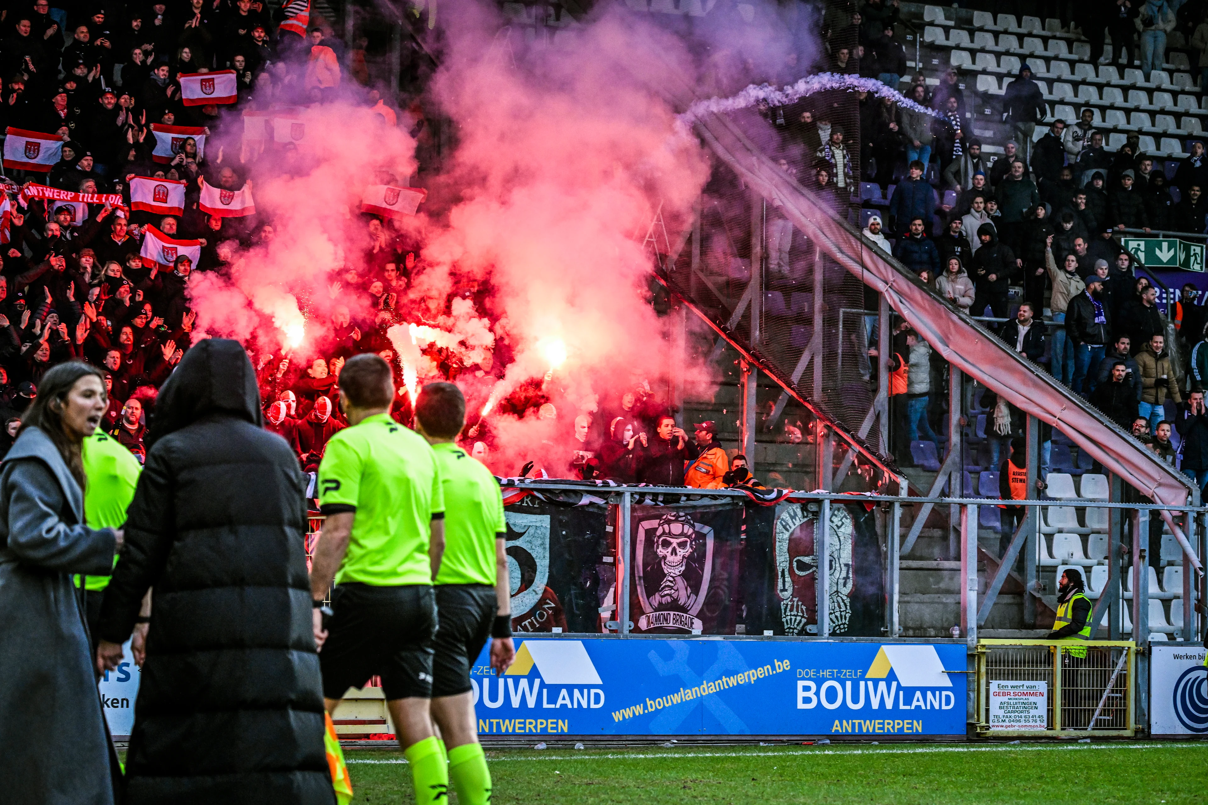 Antwerp's supporters pictured after a soccer game between Beerschot VA and Royal Antwerp FC, Sunday 12 January 2025 in Antwerp, on day 21 of the 2024-2025 season of 'Jupiler Pro League' first division of the Belgian championship. BELGA PHOTO TOM GOYVAERTS