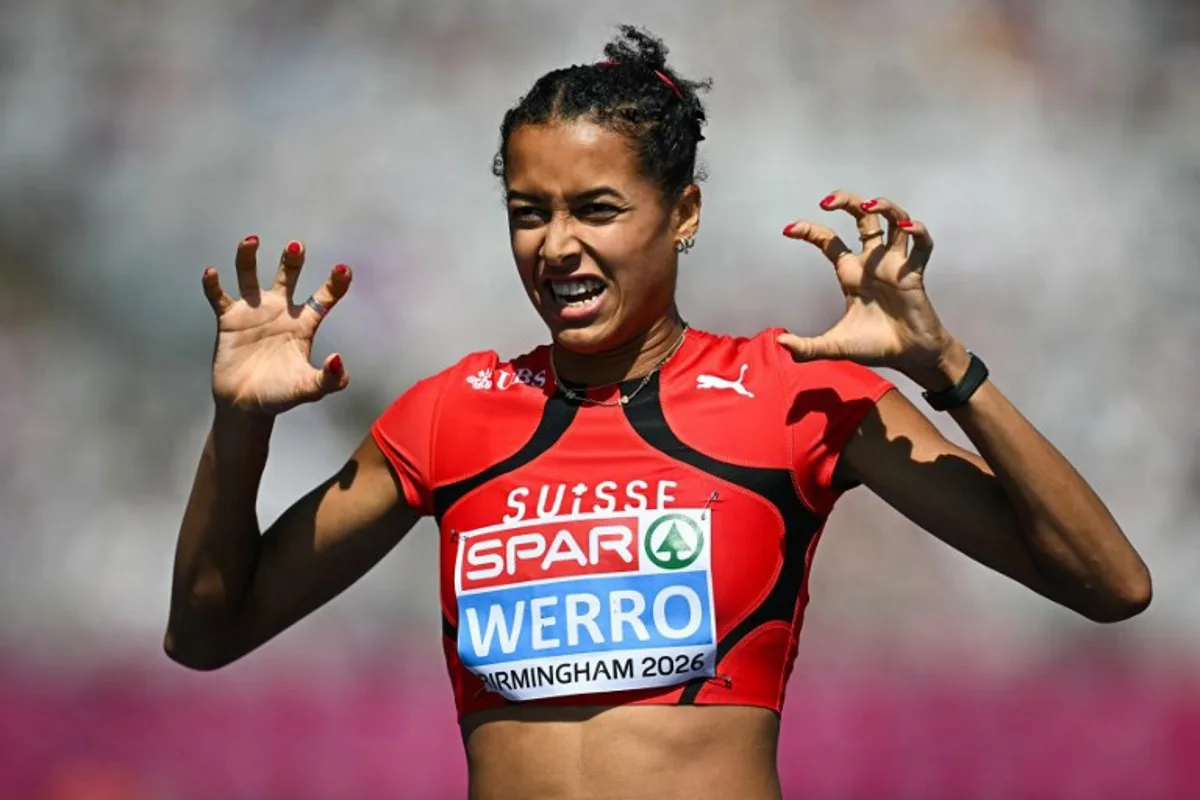 Switzerland's Audrey Werro celebrates after arriving first in the women's 800m heat 3 during the European Athletics Championships at Alexander Stadium in Birmingham on August 11, 2026. Paul ELLIS / AFP