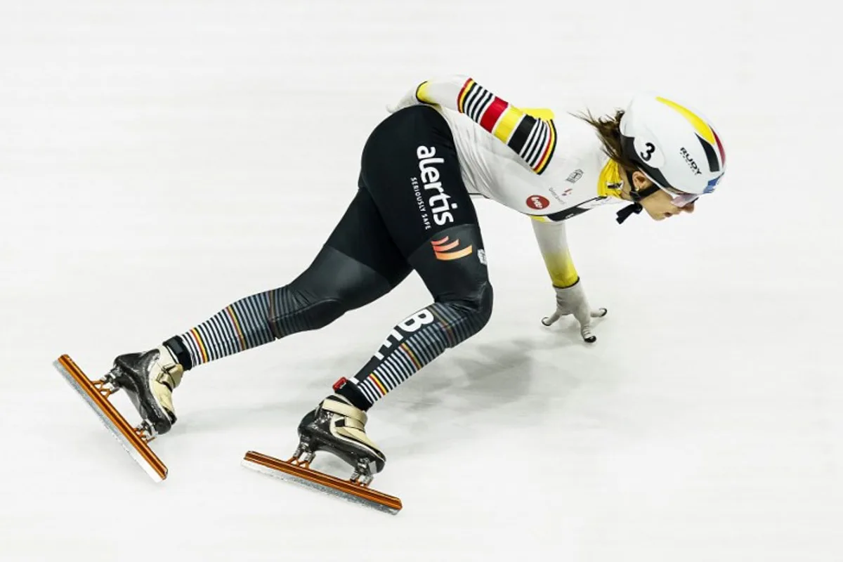 Belgium's Hanne Desmet competes during the 1500 meters women's semi-final at the World Short Track Championships in Ahoy's Sport Hall in Rotterdam on March 16, 2024.  Koen van Weel / ANP / AFP