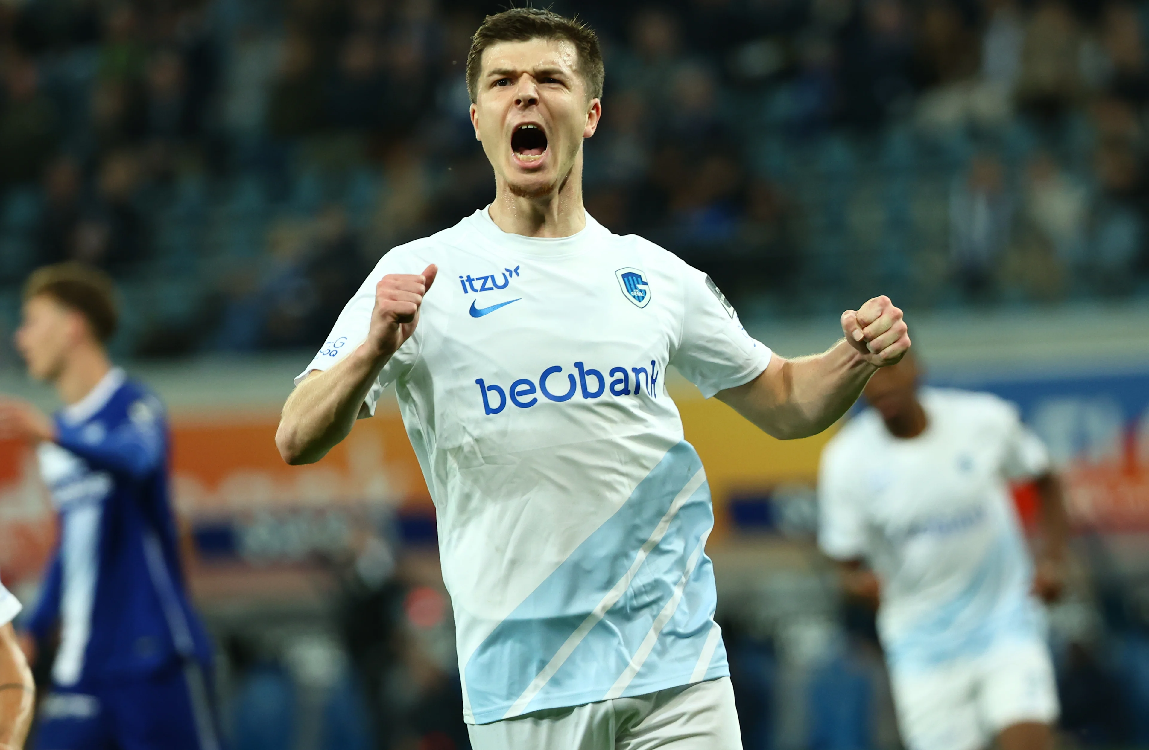 Genk's Jarne Steuckers celebrates after scoring during a soccer match between KAA Gent and KRC Genk, Sunday 27 October 2024 in Ghent, on day 12 of the 2024-2025 season of the 'Jupiler Pro League' first division of the Belgian championship. BELGA PHOTO DAVID PINTENS