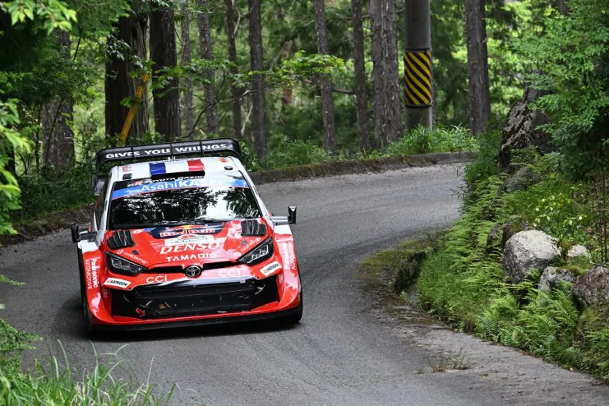Sebastien Ogier of France and his co-drivrer Vincent Landais of France drive their Toyota GR Yaris Rally1 during the SS19 Nukata section of the Rally Japan, the 7th round of  FIA World Rally Championships, in Shinshiro city, Aichi prefecture on May 31, 2026.  Toshifumi KITAMURA / AFP