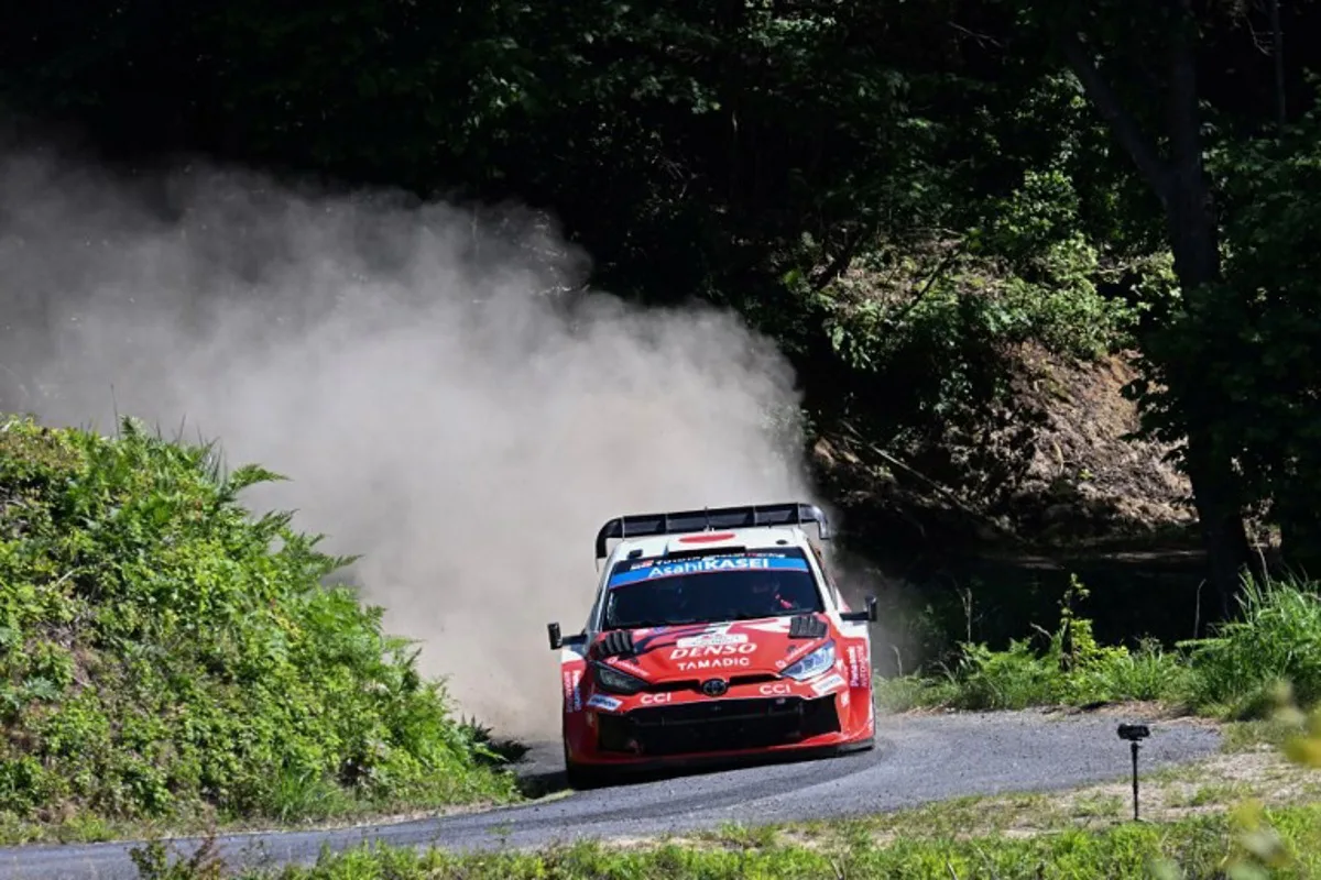 Takamoto Katsuta of Japan and his co-driver Aaron Johnston of Ireland drive their Toyota GR Yaris Rally1 during the SS11 Ena section of the Rally Japan, the 7th round of the FIA World Rally Championships in Toyota city, Aichi prefecture on May 30, 2026.  Toshifumi KITAMURA / AFP