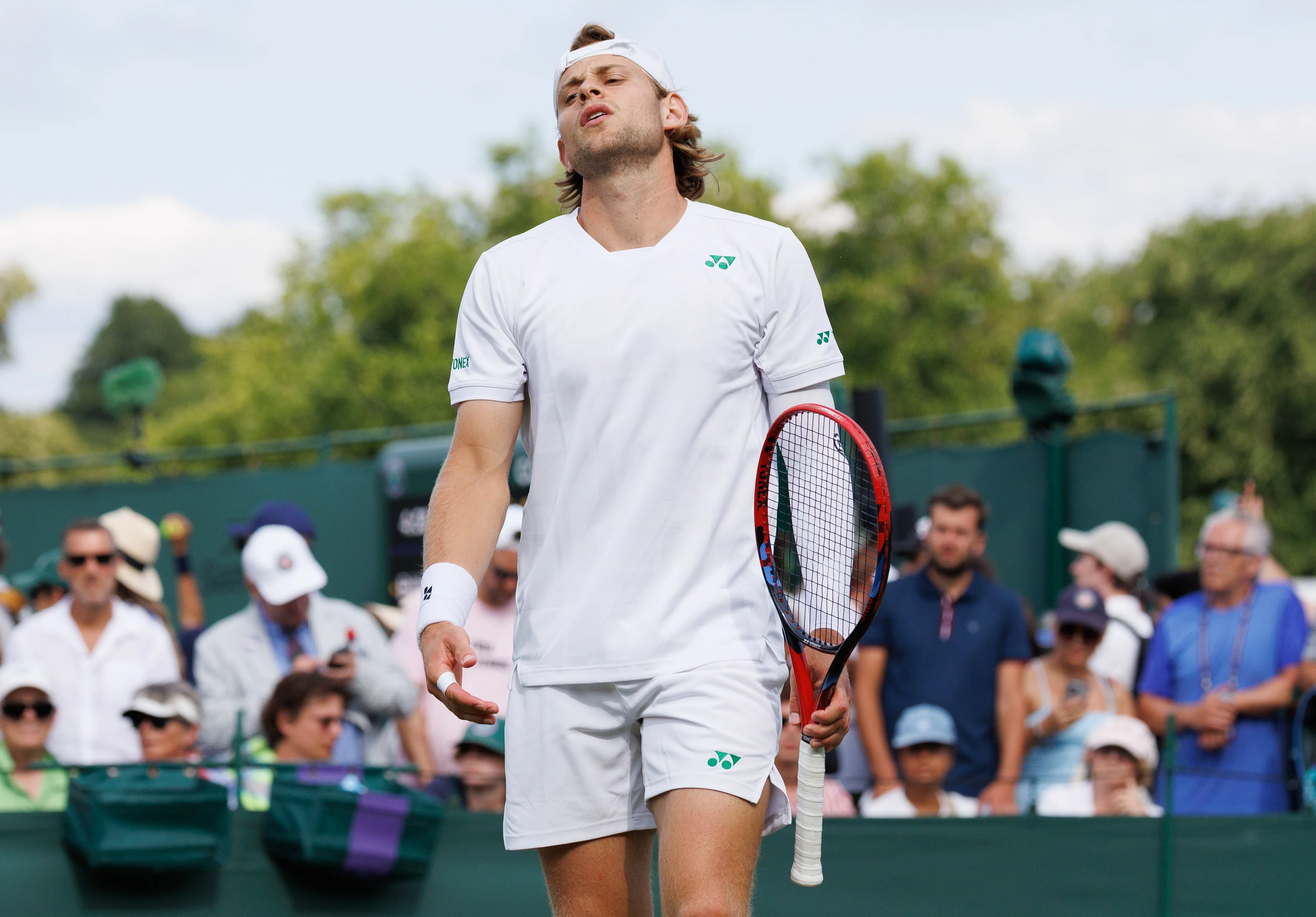 Belgian Zizou Bergs reacts during a doubles tennis match between French pair Doumbia-Reboul and Belgian-Canadian pair Bergs-Diallo, in the first round of the men's doubles at the 2025 Wimbledon grand slam tournament, Thursday 03 July 2025 at the All England Tennis Club, in South-West London, Britain. BELGA PHOTO BENOIT DOPPAGNE