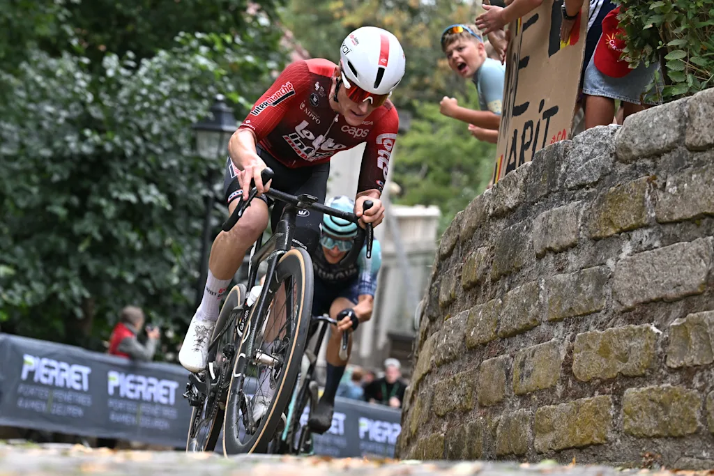 Belgian Jarno Widar of Lotto-Intermarche in action during stage three of the 'Renewi Tour' multi-stage cycling race, from Celles to Geraardsbergen (182 km) on Friday 21 August 2026. The five-day race takes place from 19 to 23/08. BELGA PHOTO DAVID PINTENS