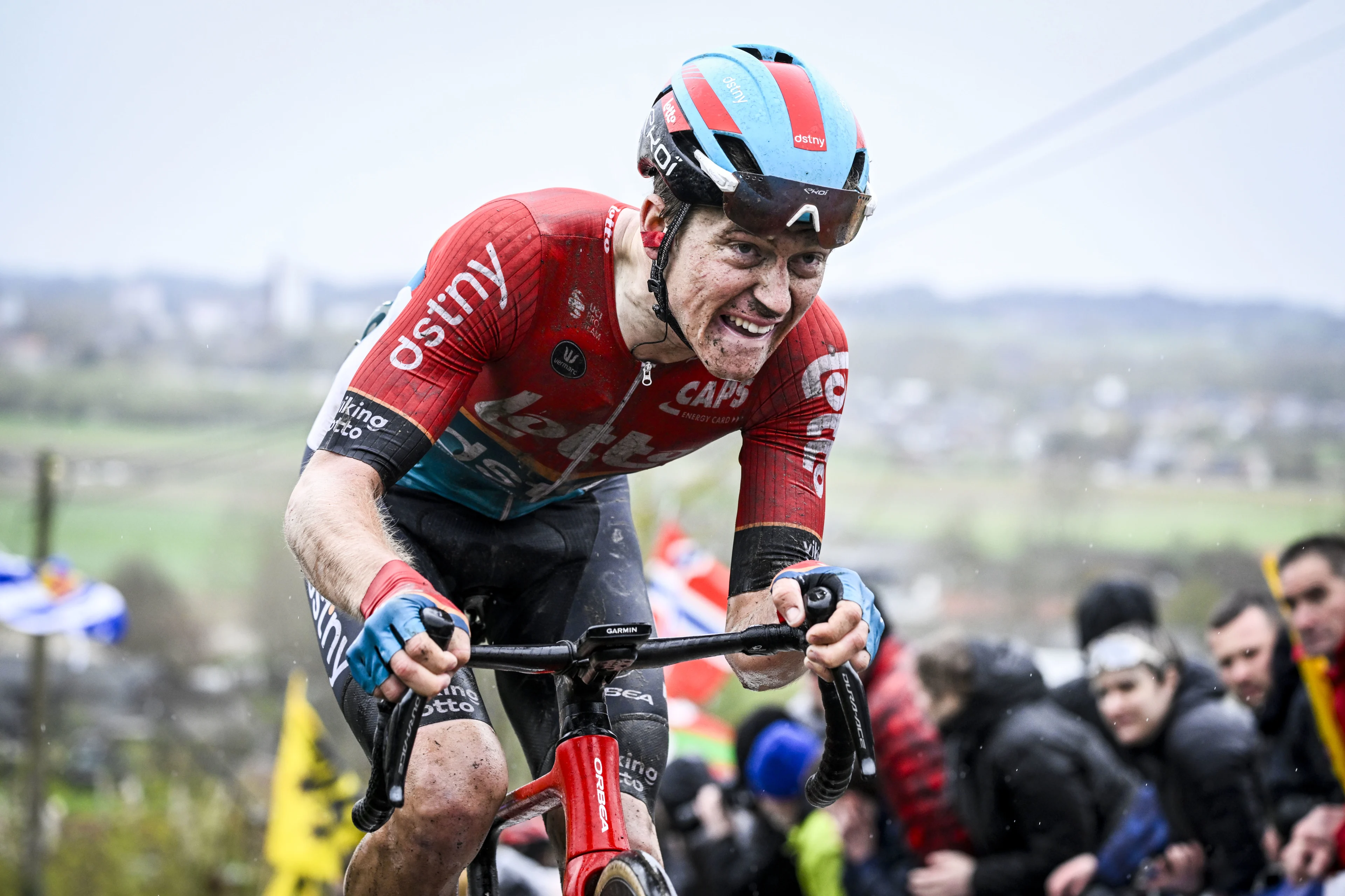 Belgian Jenno Berckmoes of Lotto Dstny pictured at the Paterberg during the men's race of the 'Ronde van Vlaanderen/ Tour des Flandres/ Tour of Flanders' one day cycling event, 270,8km from Antwerp to Oudenaarde, Sunday 31 March 2024. BELGA PHOTO TOM GOYVAERTS