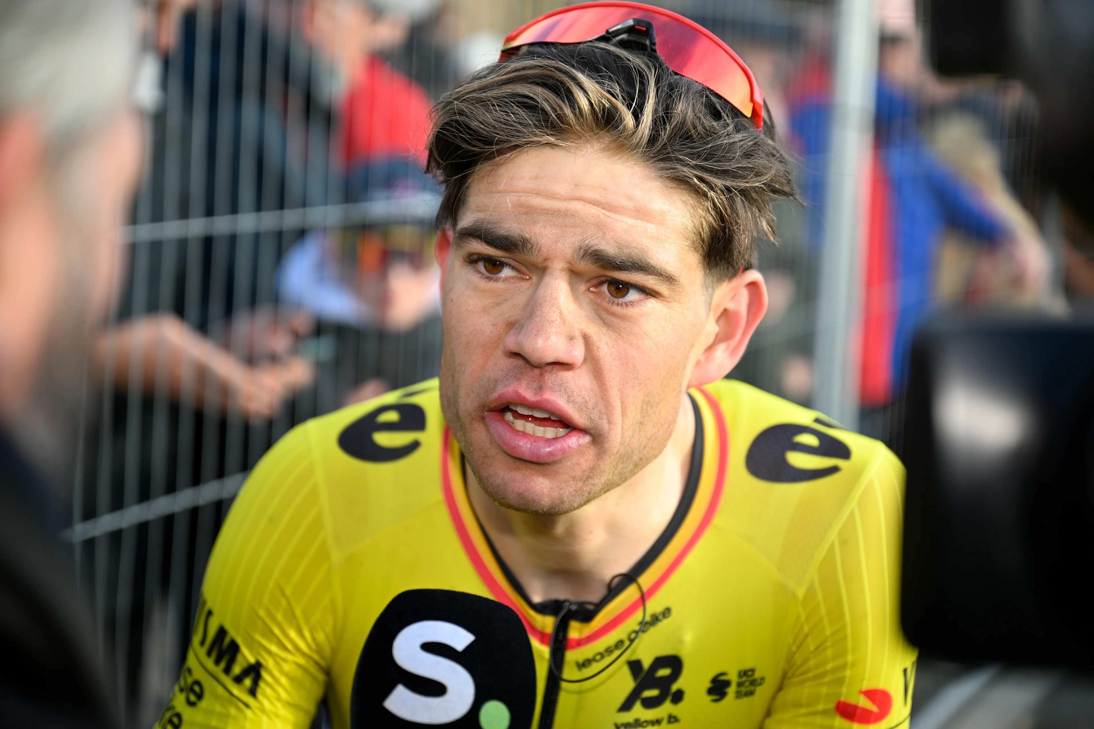 Belgian Wout van Aert of Team Visma-Lease a Bike reacts after the men's one-day cycling race Omloop Het Nieuwsblad (UCI World Tour), 197 km from Gent to Ninove, Saturday 01 March 2025. BELGA PHOTO JASPER JACOBS