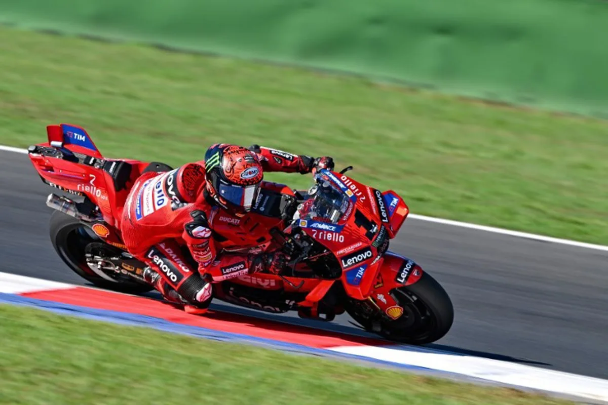 Ducati Lenovo Team's Italian rider Francesco Bagnaia rides during the practice session of the MotoGP Pramac Emilia-Romagna Grand Prix at the Misano World Circuit Marco-Simoncelli in Misano Adriatico, on September 20, 2024.  Andreas SOLARO / AFP