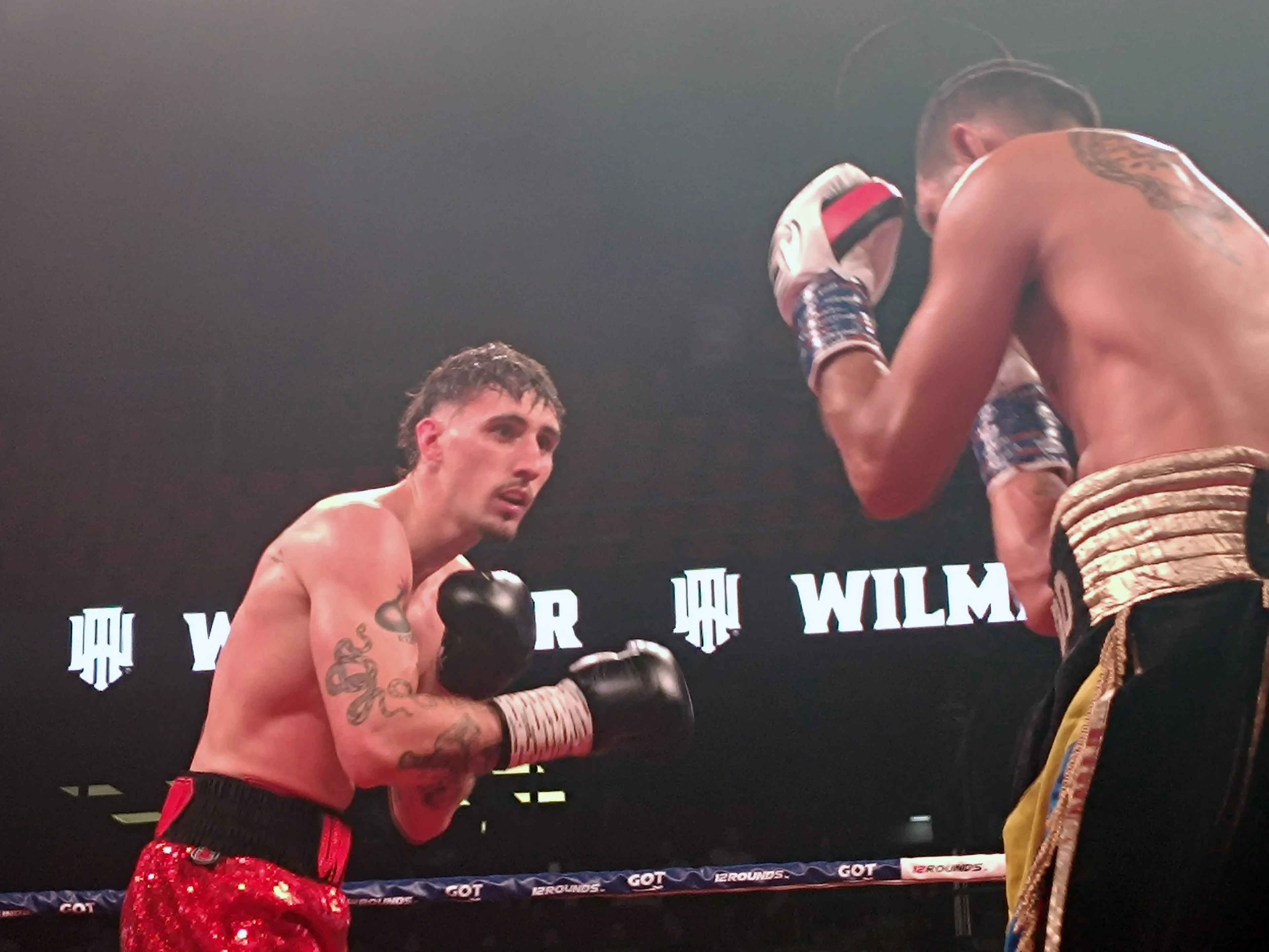 Belgian IBF International Super-Lightweight Champion Antoine Vanackere (L) pictured during his fight against Venezuelan Rafael Hernandez at the Gala de Charleroi boxing gala, Saturday 05 October 2024 in Charleroi. BELGA PHOTO BERNARD CERF