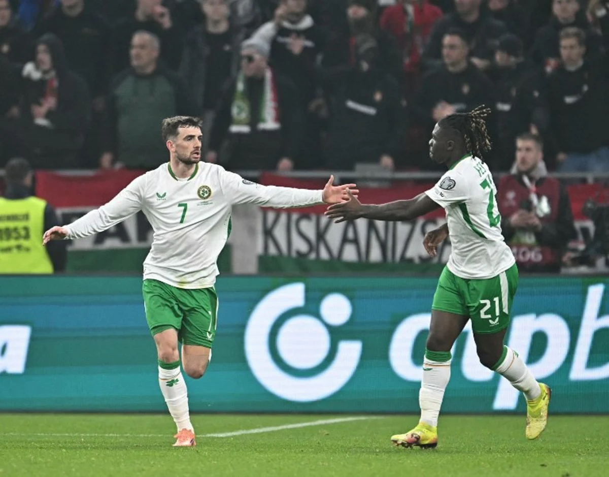 Ireland's forward #07 Troy Parrott (L) celebrates his 2-2 with Ireland's defender #21 Festy Ebosele during the FIFA World Cup 2026 Group F European qualification football match betweem Hungary and Republic of Ireland at the Puskas Arena in Budapest, Hungary on November 16, 2025. Attila KISBENEDEK / AFP