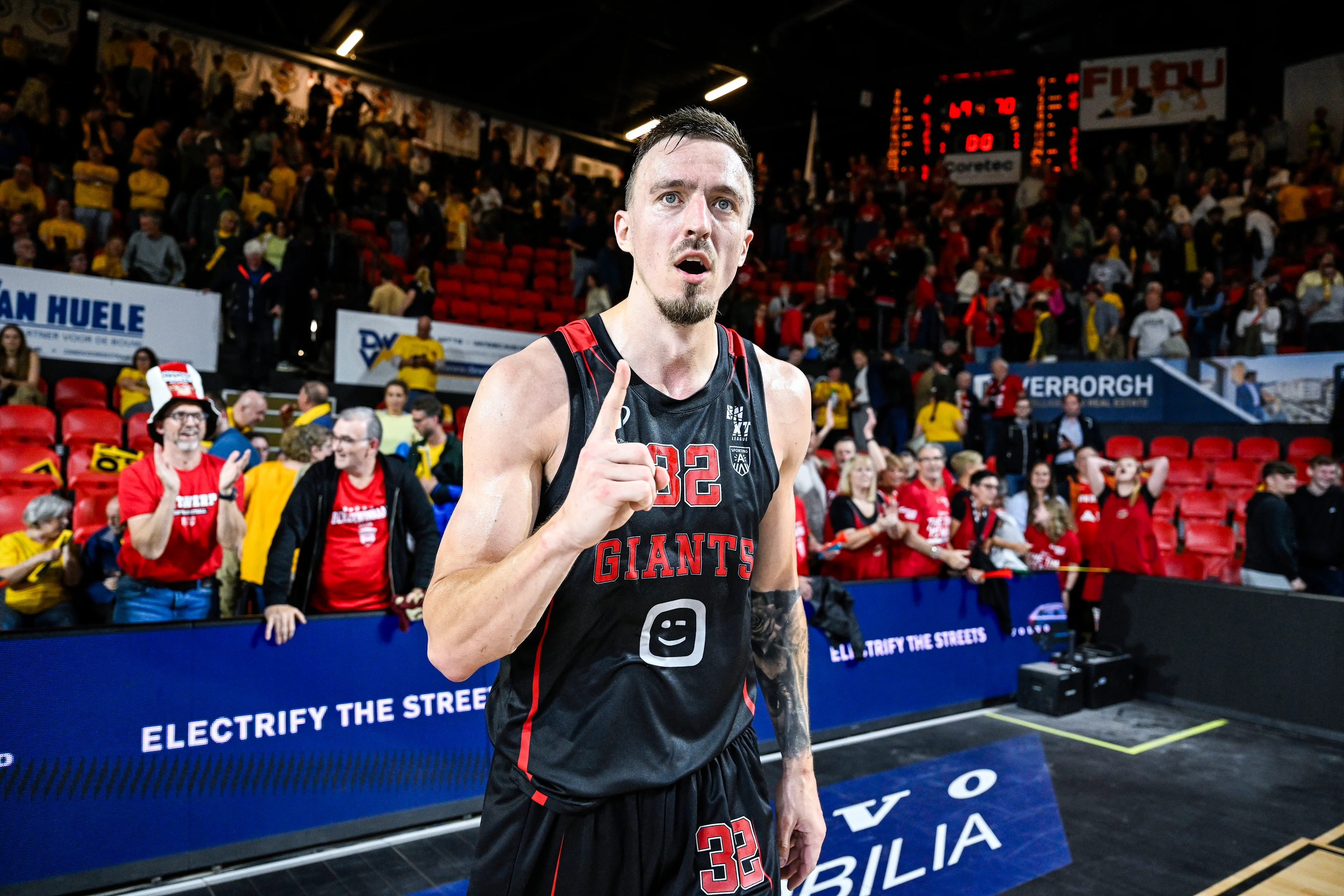 Antwerp's Vincent Kesteloot celebrates after winning a basketball match between BC Oostende and Antwerp Giants, Thursday 11 June 2026, in Oostende, game 4 (out of 5) in the Playoffs final of the 'BNXT League' Belgian/ Dutch first division basket championship. BELGA PHOTO TOM GOYVAERTS