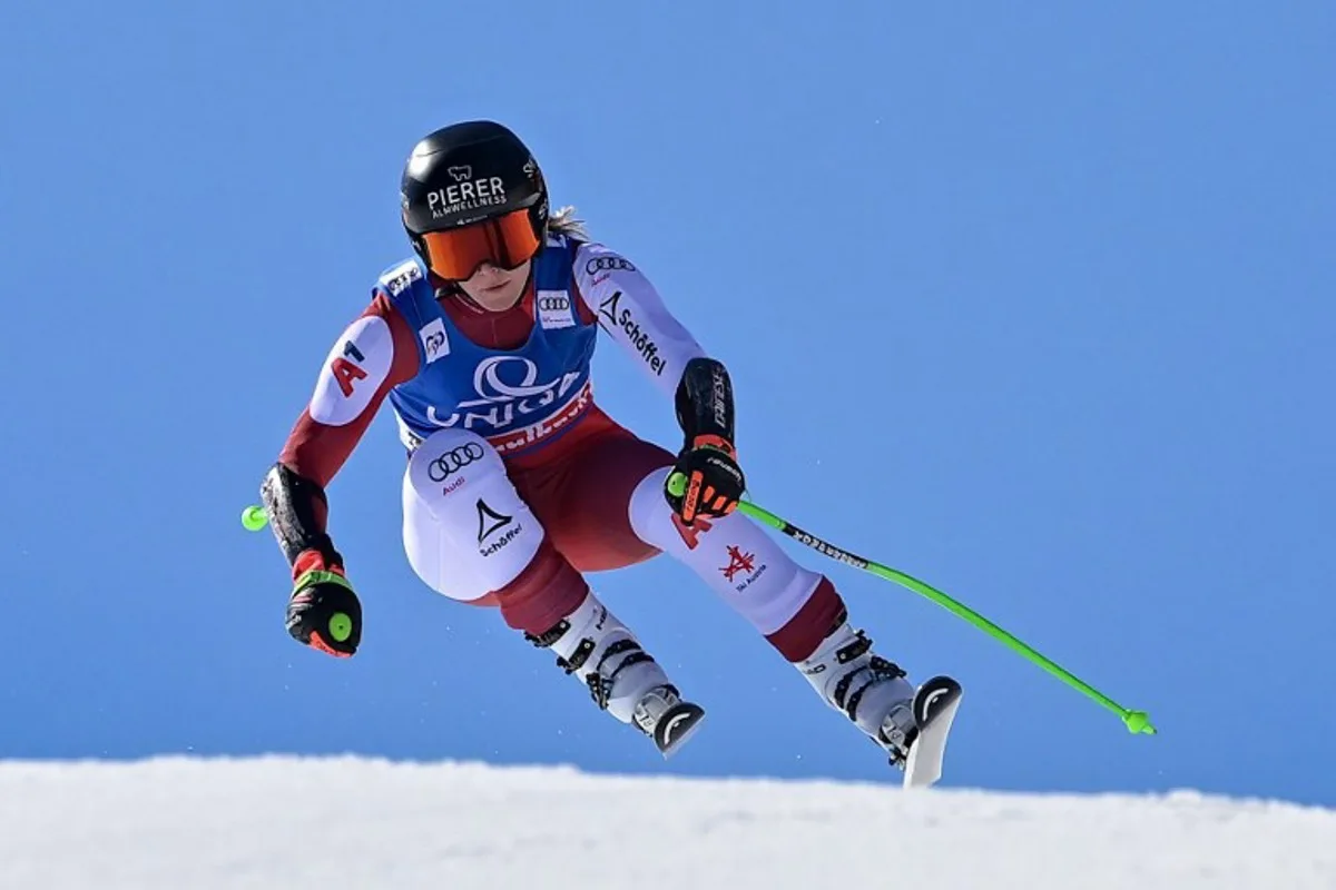 Austria's Cornelia Huetter takes part in the downhill training during the FIS Alpine Skiing Women's World Cup in Saalbach, Austria on March 20, 2024.  Joe Klamar / AFP