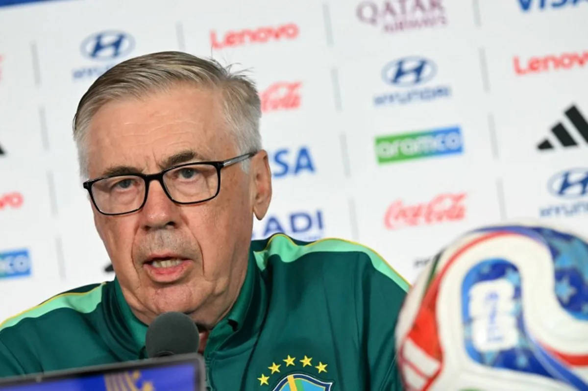 Brazil's Italian head coach Carlo Ancelotti speaks during a press conference on the eve of the 2026 World Cup Round of 32 football match between Brazil and Japan at Houston stadium in Houston on June 28, 2026.   RONALDO SCHEMIDT / AFP
