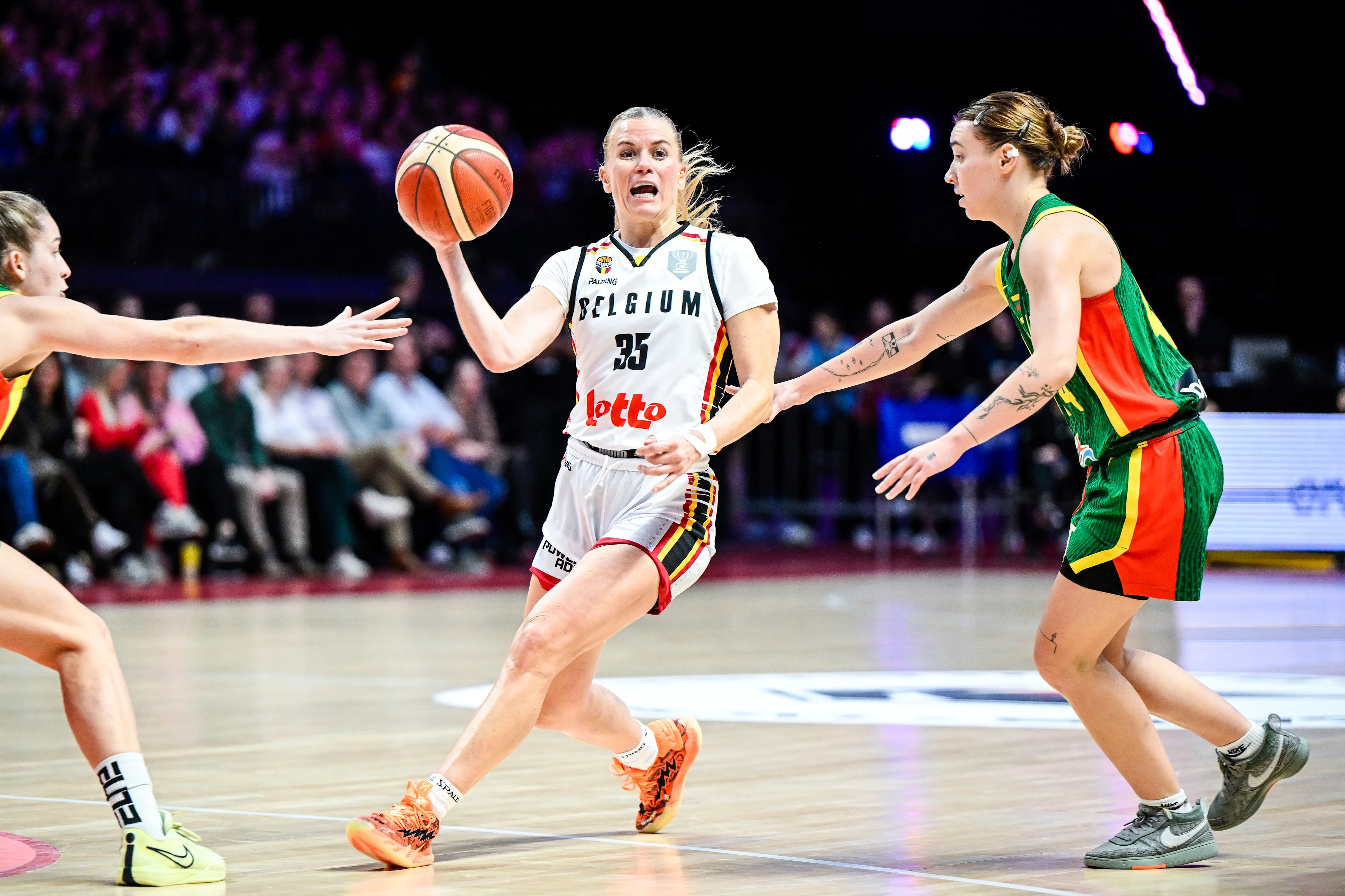 Belgium's Julie Vanloo and Lithuania's Dalia Donskichyte pictured in action during a basketball game between Belgian national team the Belgian Cats and Lithunia, a qualification game (3/6) for the 2025 Eurobasket tournament, on Thursday 07 November 2024 in Antwerp, Belgium. BELGA PHOTO TOM GOYVAERTS