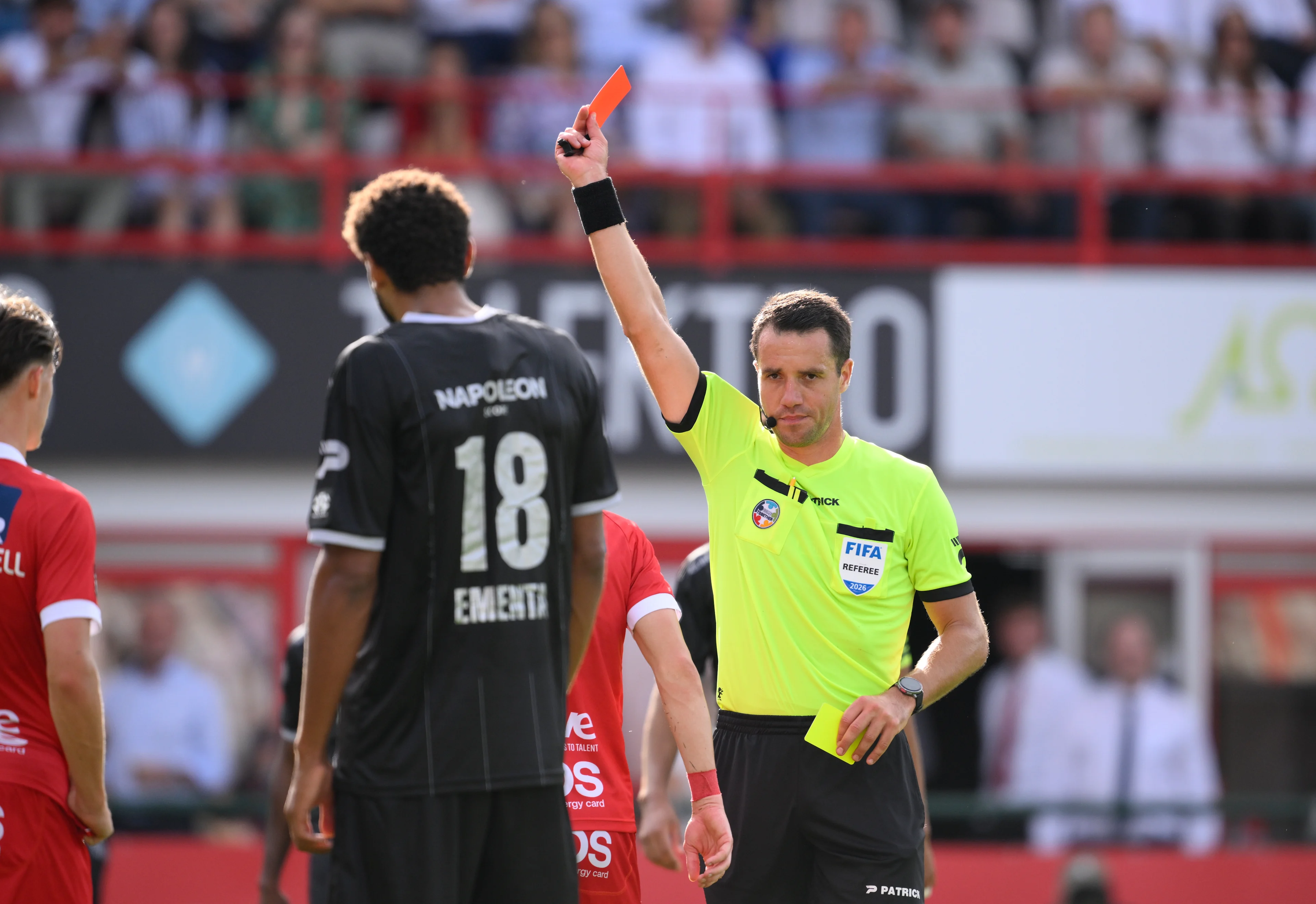Kortrijk's Rok Storman receives a second yellow card from the referee during a soccer match between KV Kortrijk and SV Zulte Waregem, Sunday 6 September 2026 in Kortrijk, on day 5 of the 2026-2027 'Jupiler Pro League' first division of the Belgian championship. BELGA PHOTO JOHN THYS