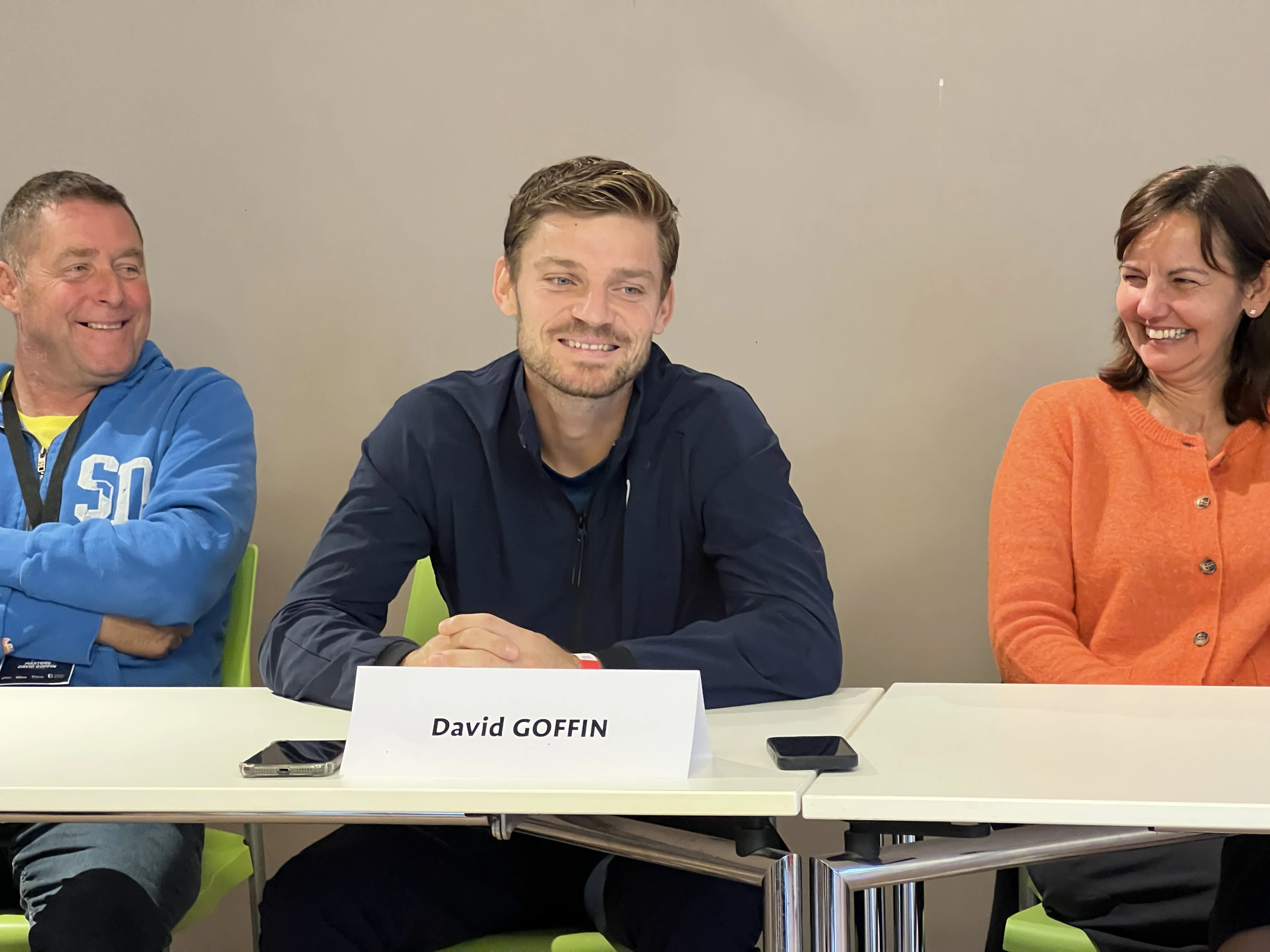 Fabien Doyen, Belgian David Goffin and Dominique Monami pictured during a press conference organized to present the 1st edition of the Masters David Goffin tennis tournament, Saturday 28 September 2024 in Huy.  BELGA PHOTO THOMAS MICHIELS