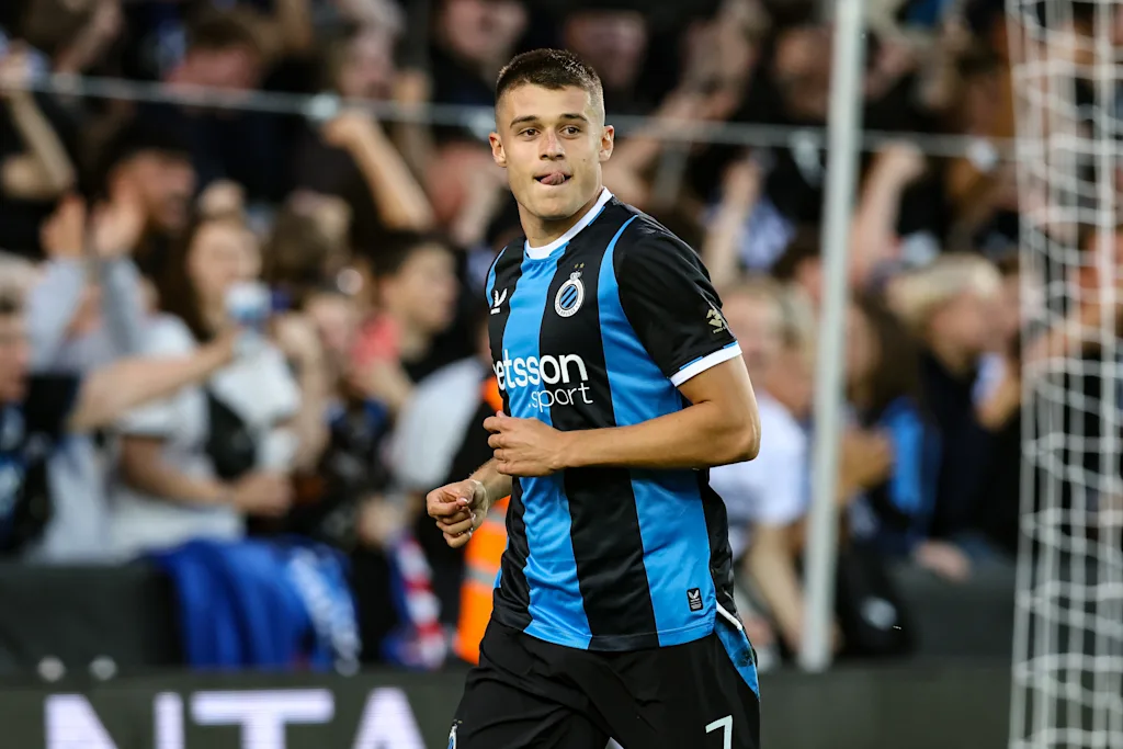 Club's Nicolo Tresoldi celebrates during a soccer match between Club Brugge KV and KRC Genk, Sunday 20 September 2026 in Brugge, on day 7 of the 2026-2027 'Jupiler Pro League' first division of the Belgian championship. BELGA PHOTO BRUNO FAHY