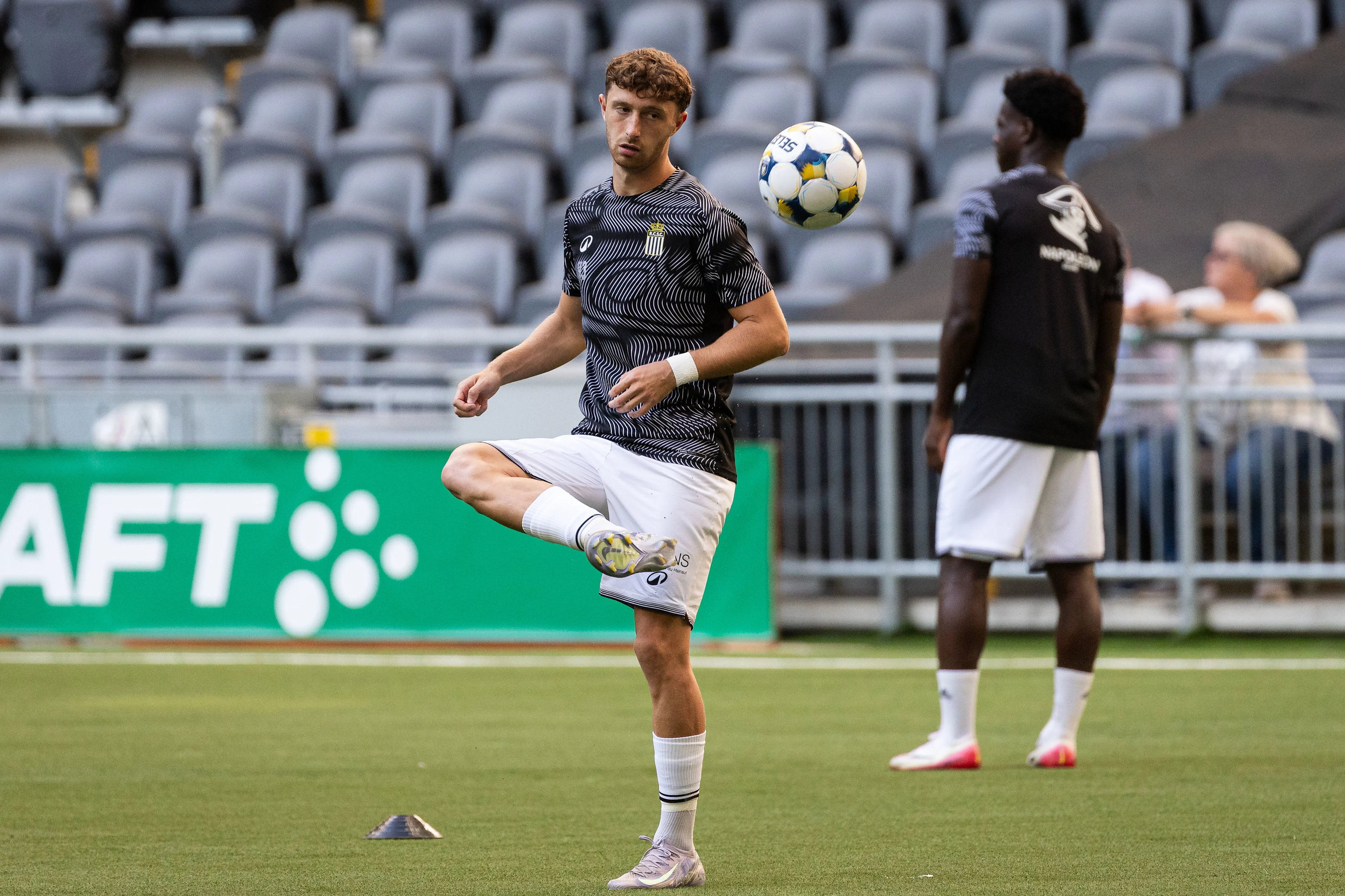 Players of Charleroi during warm ups before a soccer game Swedisch soccer team Hammarby and Belgian soccer team Sporting Charleroi, in Stockholm, Thursday 24 July 2025, in the second qualifying round (1st leg) of the 2025-2026 UEFA Europa League. BELGA PHOTO MICHAEL CAMPANELLA