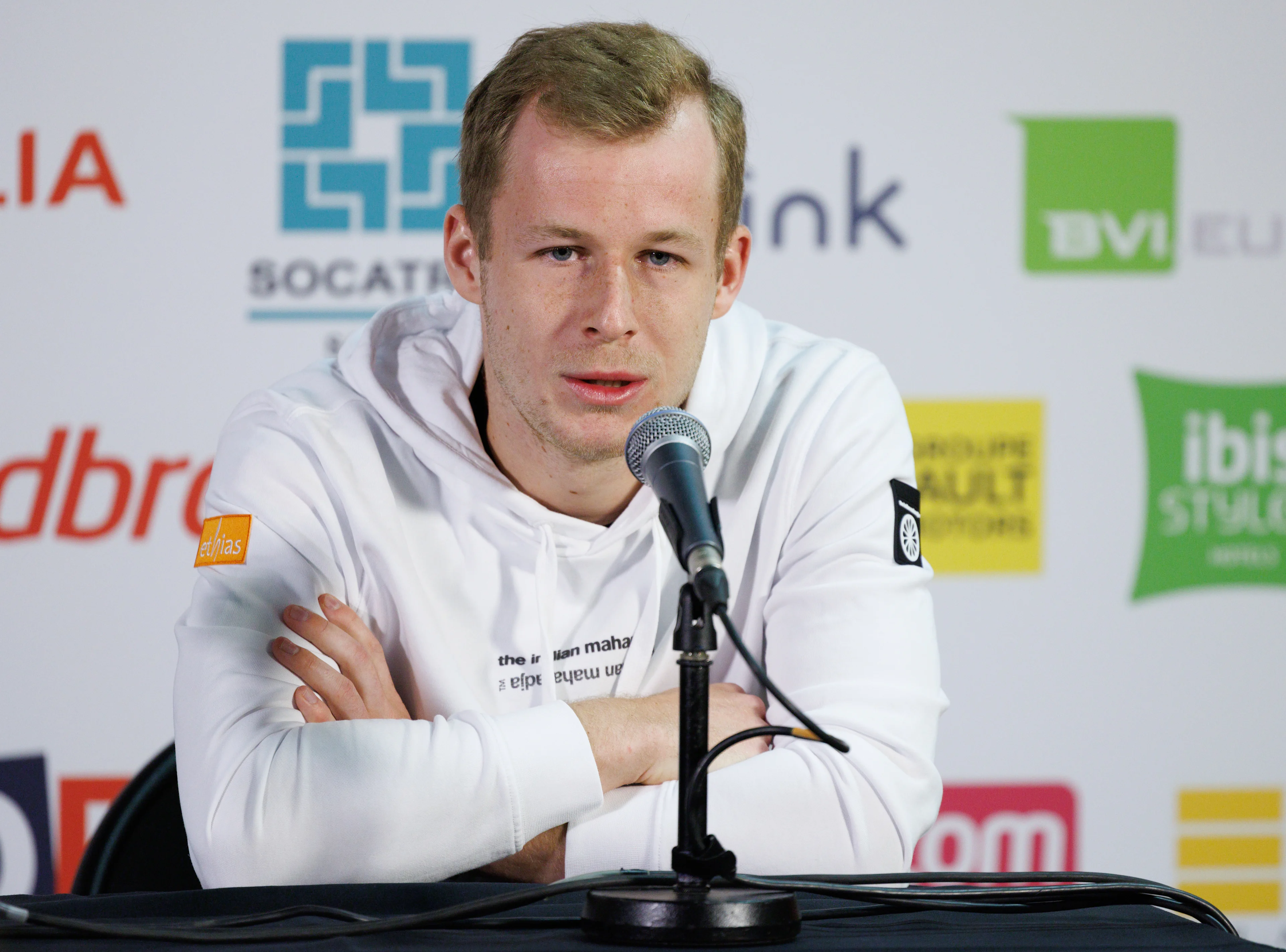 Belgian Gauthier Onclin pictured during a press conference of Onclin for his first selection with the Davis Cup team, at the BW Open ATP Challenger 125 tournament, in Louvain-la-Neuve, Tuesday 23 January 2024. THE BW Open takes place from 22 to 28 January. BELGA PHOTO BENOIT DOPPAGNE