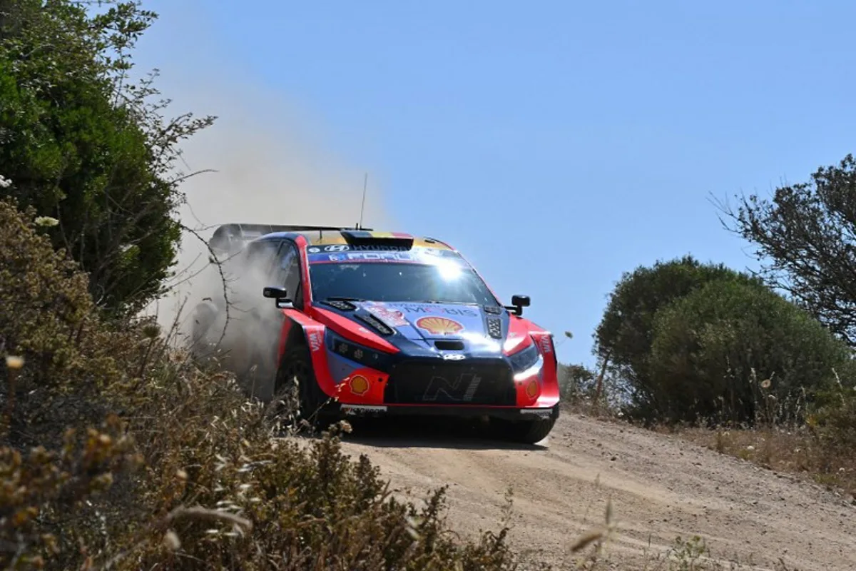 Belgium driver Thierry Neuville steers his Hyundai i20N Rally 1 assisted by his co-driver Martijn Wydaeghe, as they compete in the SS15 special between San Giacomo and Plebi during the 22nd edition of the Rally Italia Sardegna, 6th round of the FIA World Rally Championship (WRC), near Olbia, Sardinia, on June 8, 2025. Andreas SOLARO / AFP