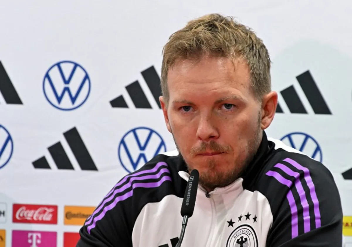 Germany's headcoach Julian Nagelsmann looks on as he delivers a press conference at the Bilino Polje stadium, in Zenica, on October 10, 2024, ahead of Germany's upcoming UEFA Nations League football match againgst Bosnia and Herzegovina.  ELVIS BARUKCIC / AFP