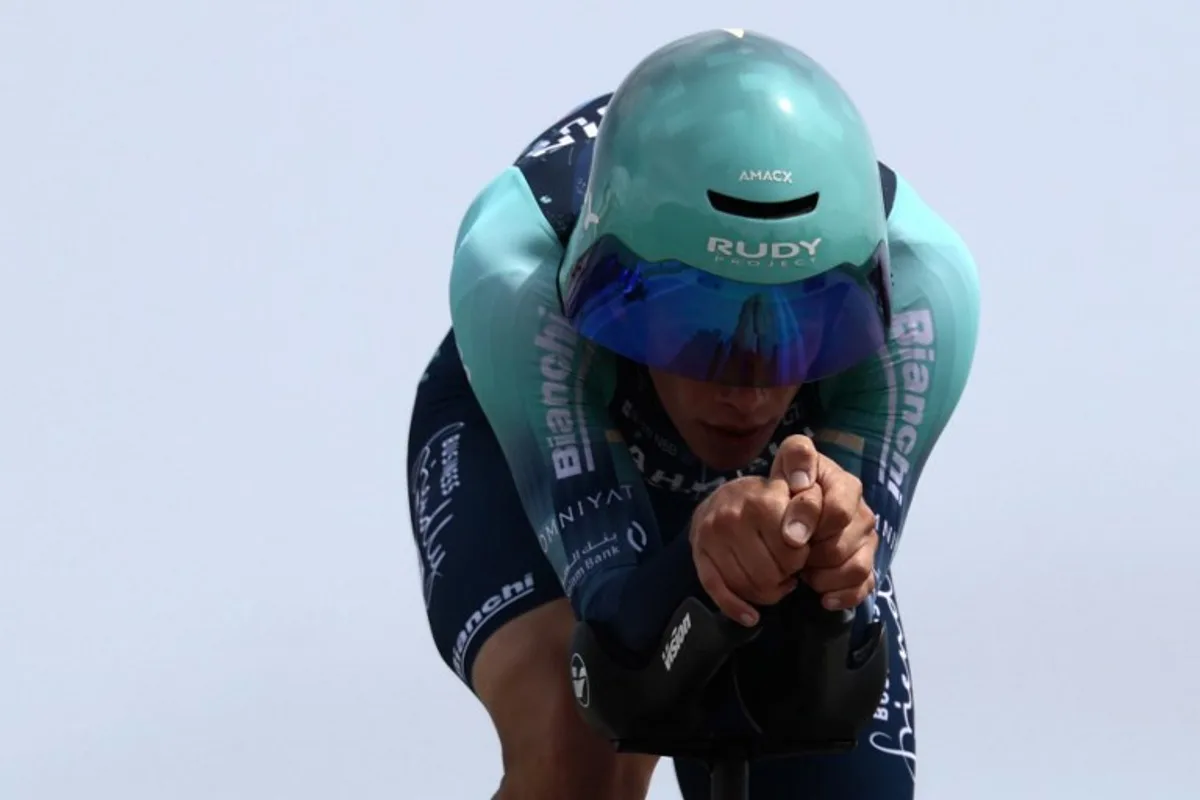 Bahrain - Victorious Belgian rider Alec Segaert competes during the 10th stage of the Giro d'Italia 2026 - Tour of Italy cycling race, 42km individual time trial between Viareggio and Massa on May 19, 2026.  Luca Bettini / AFP