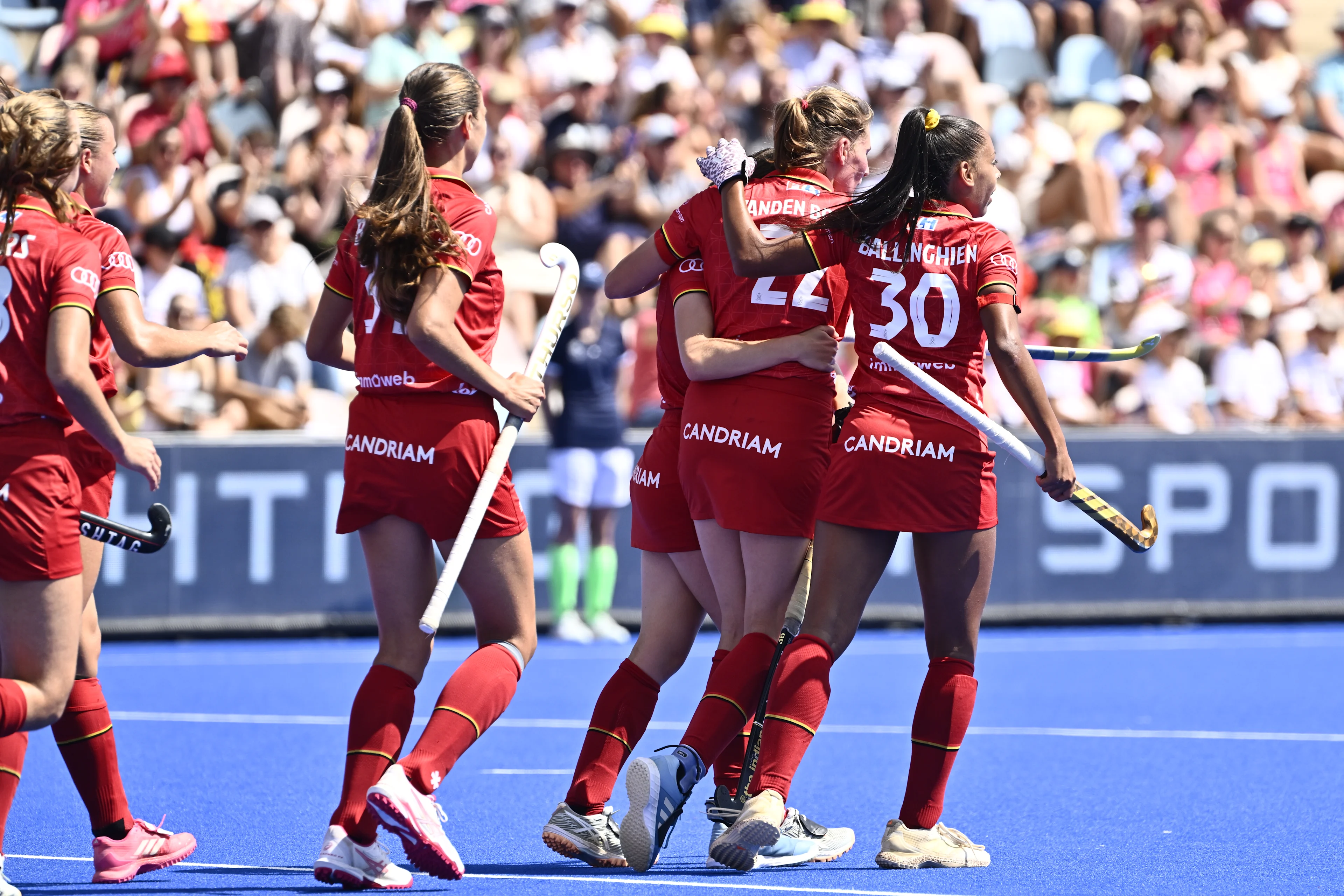 Belgium's Red Panthers standing together during a hockey game between Belgian national team Red Panthers and Spain, match 1/3 in the pool stage of the 2025 women's European championships, Sunday 10 August 2025 in Monchengladbach, Germany. BELGA PHOTO ERIC LALMAND