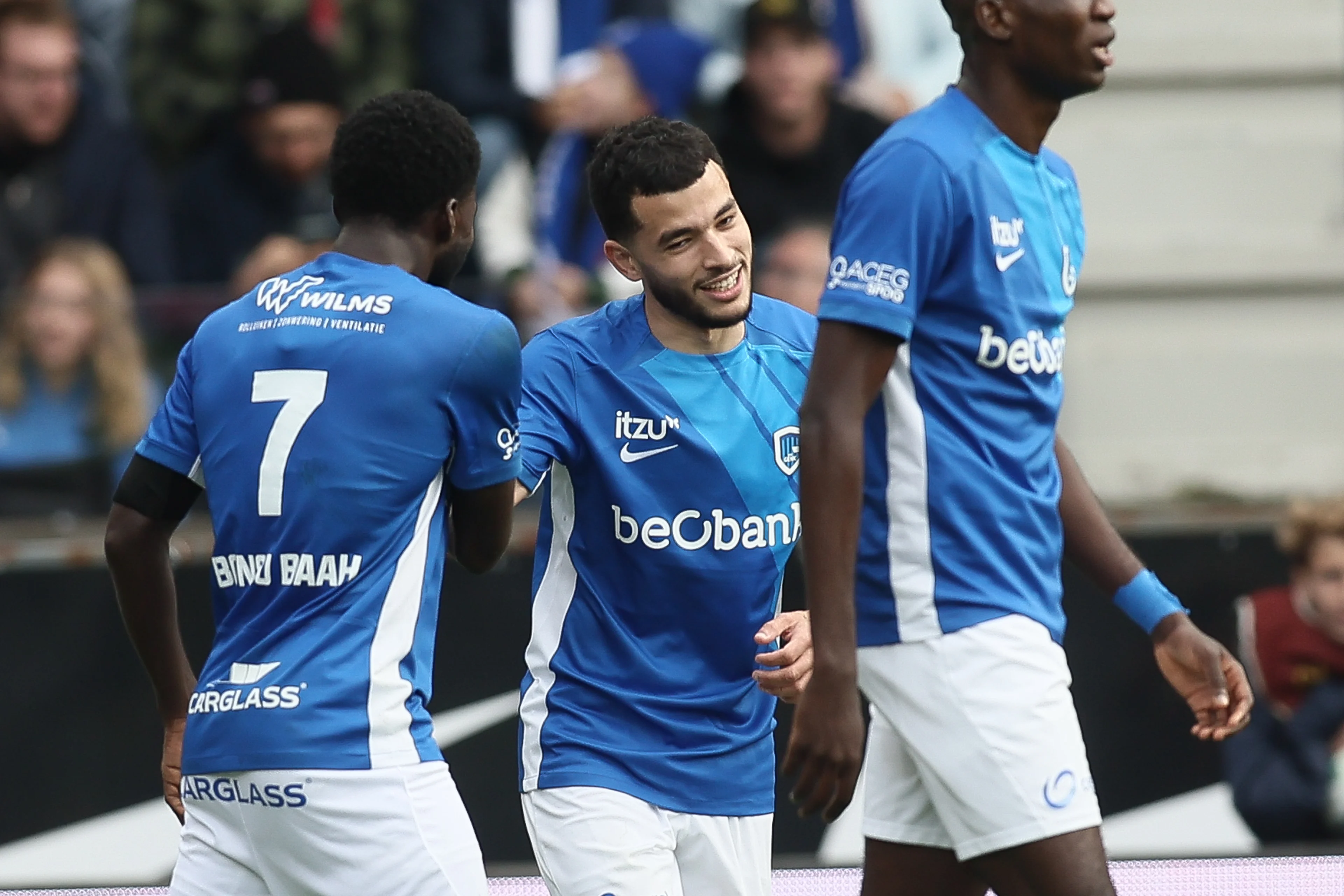 Genk's Zakaria El Ouahdi celebrates after scoring during a soccer match between KRC Genk and STVV, Sunday 20 October 2024 in Genk, on day 11 of the 2024-2025 season of the 'Jupiler Pro League' first division of the Belgian championship. BELGA PHOTO BRUNO FAHY