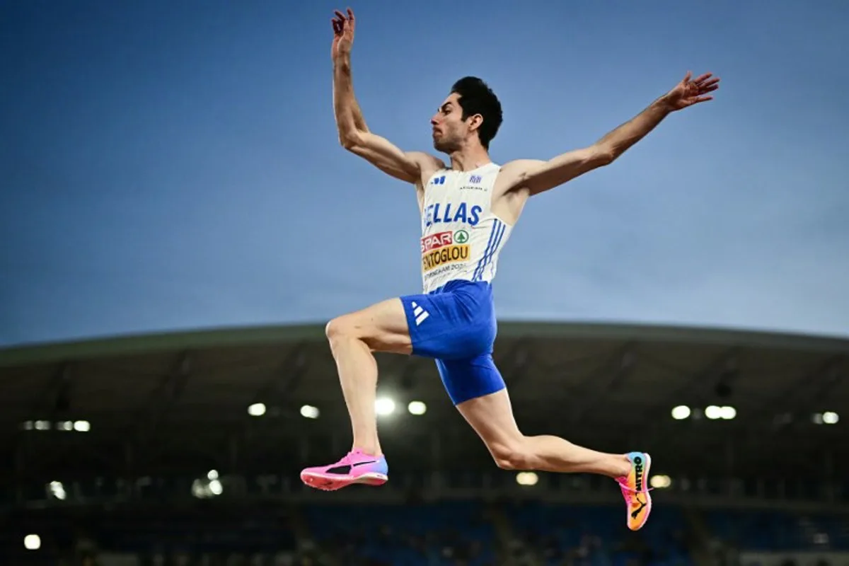 Greece's Miltiadis Tentoglou competes in the men's long jump final during the European Athletics Championships at Alexander Stadium in Birmingham on August 11, 2026. Ben STANSALL / AFP