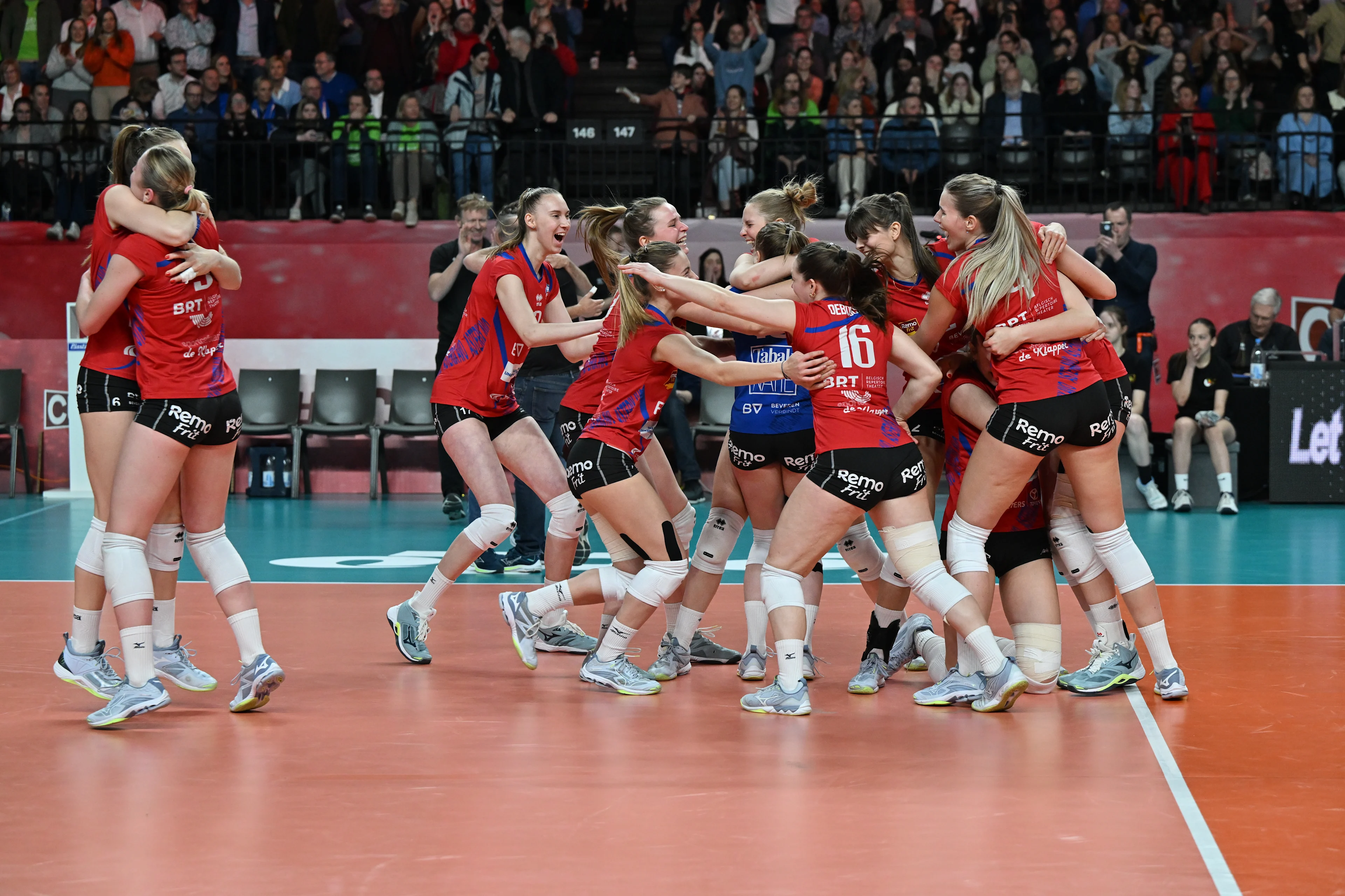 Asterix' players celebrate after winning the match between Asterix Avo Volley Beveren and VDK Bank Gent damesvolley, the final match in the men Belgian volleyball cup competition, Sunday 26 February 2023 in Merksem, Antwerp. BELGA PHOTO DAVID CATRY