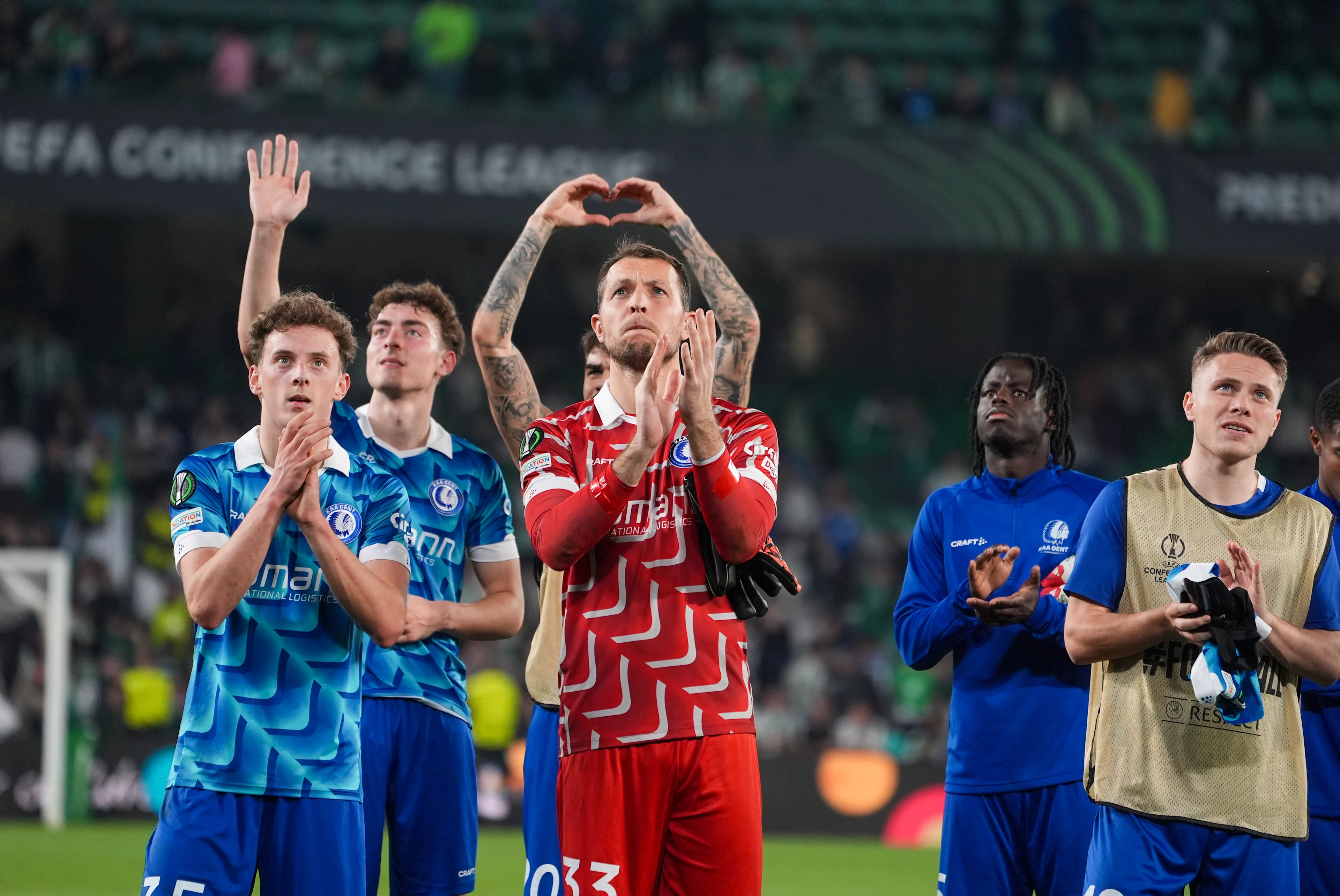 Gent's players pictured after a soccer game between Spanish Real Betis Balompie and Belgian KAA Gent, on Thursday 20 February 2025 in Seville, Spain, the return leg of the Knockout phase play-offs of the UEFA Conference League competition. BELGA PHOTO JOMA GARCIA