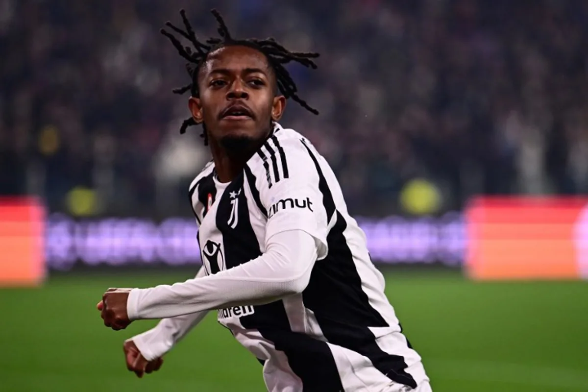 Juventus' Belgian forward #51 Samuel Mbangula celebrates scoring his team's second goal  during the UEFA Champions League knockout phase play-off 1st leg football match between Juventus and PSV Eindhoven at the Allianz stadium in Turin, on February 11, 2025.  Marco BERTORELLO / AFP