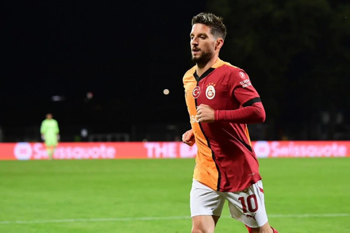 Galatasaray's Belgian forward #10 Dries Mertens reacts during the UEFA Europa League football match between FK RFS and Galatasaray in Riga, Latvia on October 3, 2024.  GINTS IVUSKANS / AFP