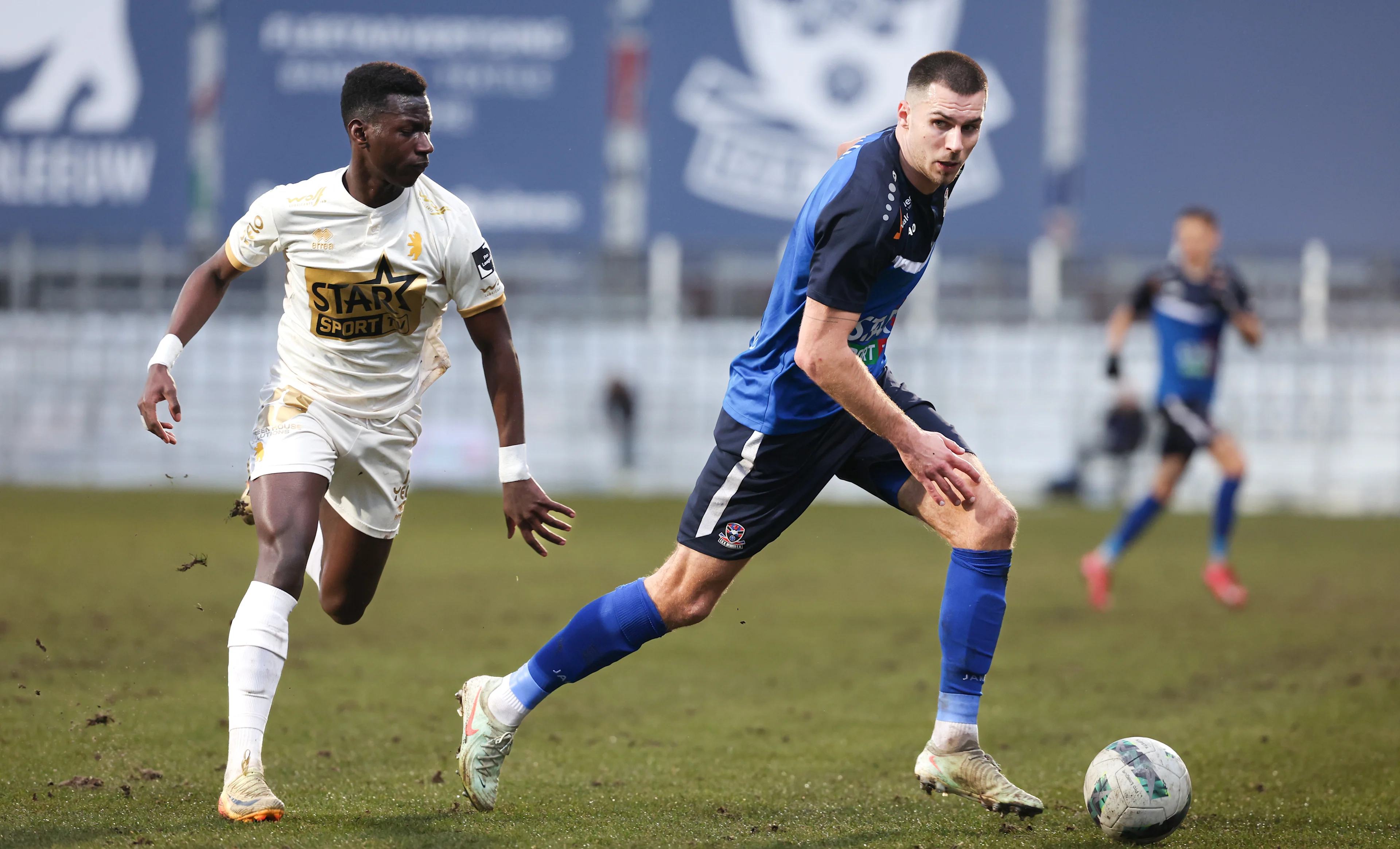 Beerschot's Marwan Al-Sahafi and Dender's Joedrick Pupe fight for the ball during a soccer match between FCV Dender EH and Beerschot VA, Saturday 22 February 2025 in Denderleeuw, on day 27 of the 2024-2025 season of the 'Jupiler Pro League' first division of the Belgian championship. BELGA PHOTO VIRGINIE LEFOUR