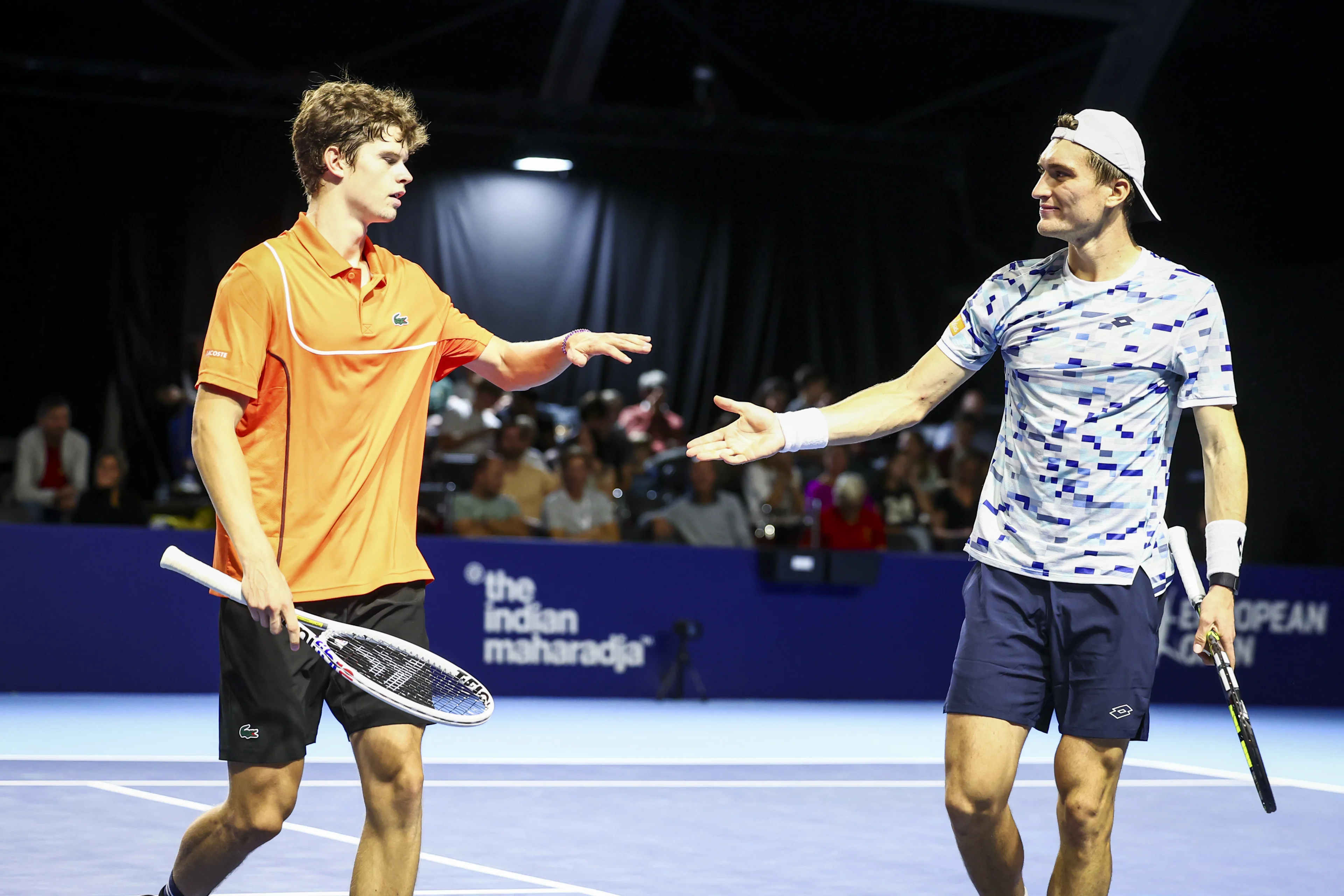 Belgian Alexander Blockx and Belgian Raphael Collignon pictured during a tennis match in the round of 16 of the doubles competition at the ATP European Open Tennis tournament in Antwerp, Wednesday 16 October 2024. BELGA PHOTO DAVID PINTENS