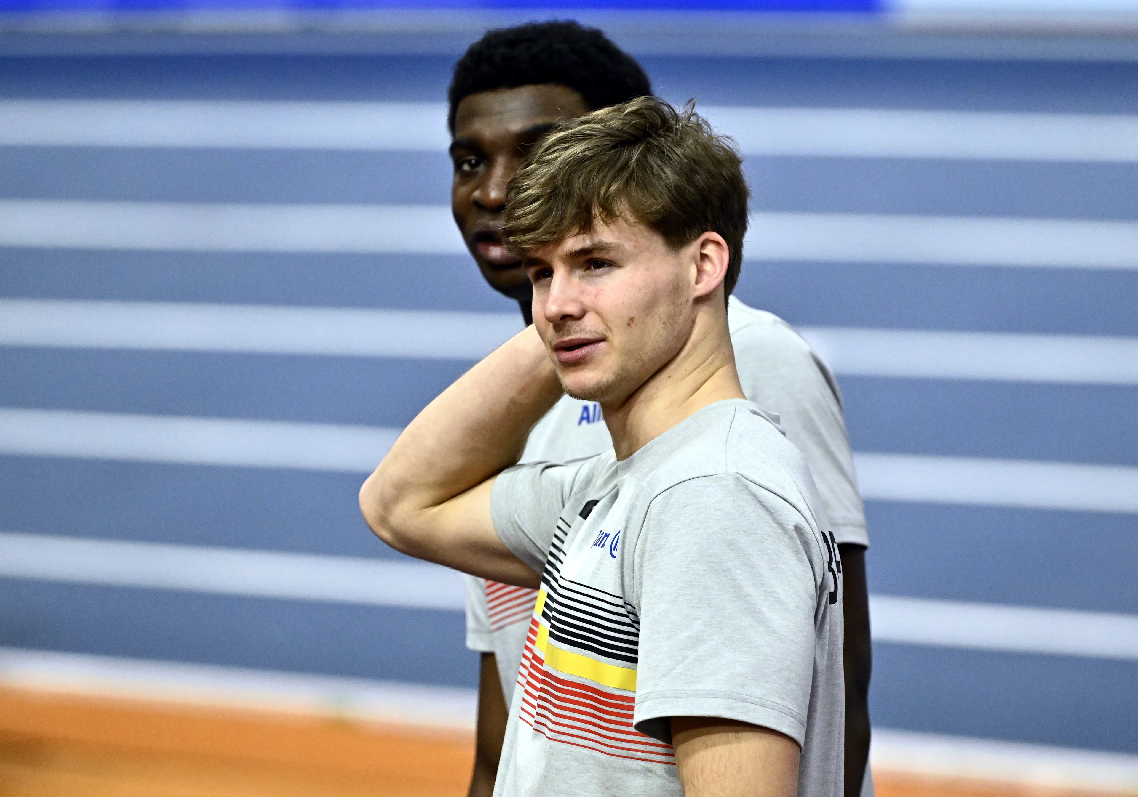 Belgian Jente Hauttekeete and Belgian Elie Bacari pictured during a training session ahead of the European Athletics Indoor Championships, in Apeldoorn, The Netherlands, Wednesday 05 March 2025. The championships take place from 6 to 9 March. BELGA PHOTO ERIC LALMAND