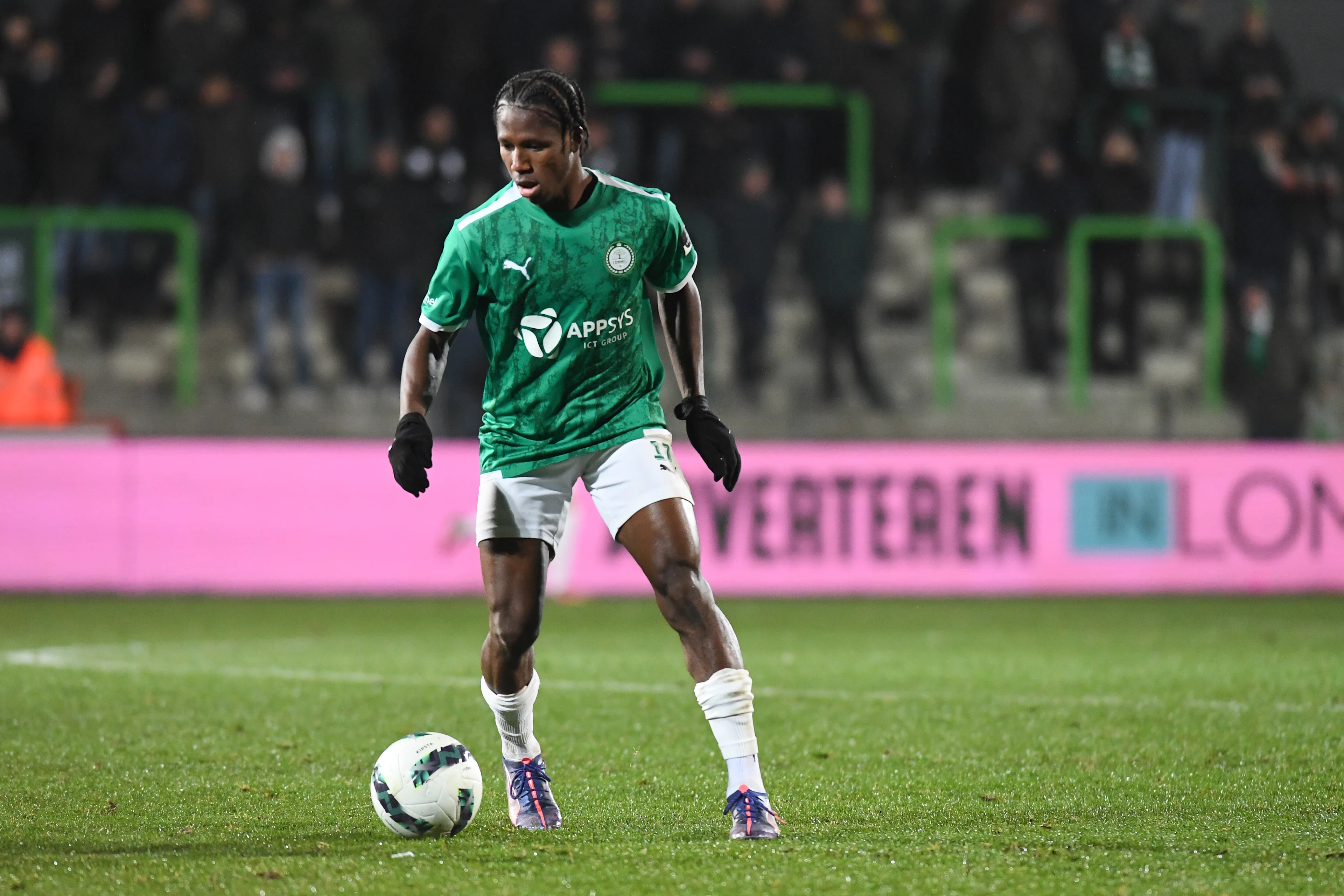 Lommel's Karim Dermane pictured in action during a soccer match between Lommel SK and SV Zulte Waregem, in Lommel, on day 15 of the 2024-2025 'Challenger Pro League' 1B second division of the Belgian championship, Saturday 14 December 2024. BELGA PHOTO JILL DELSAUX