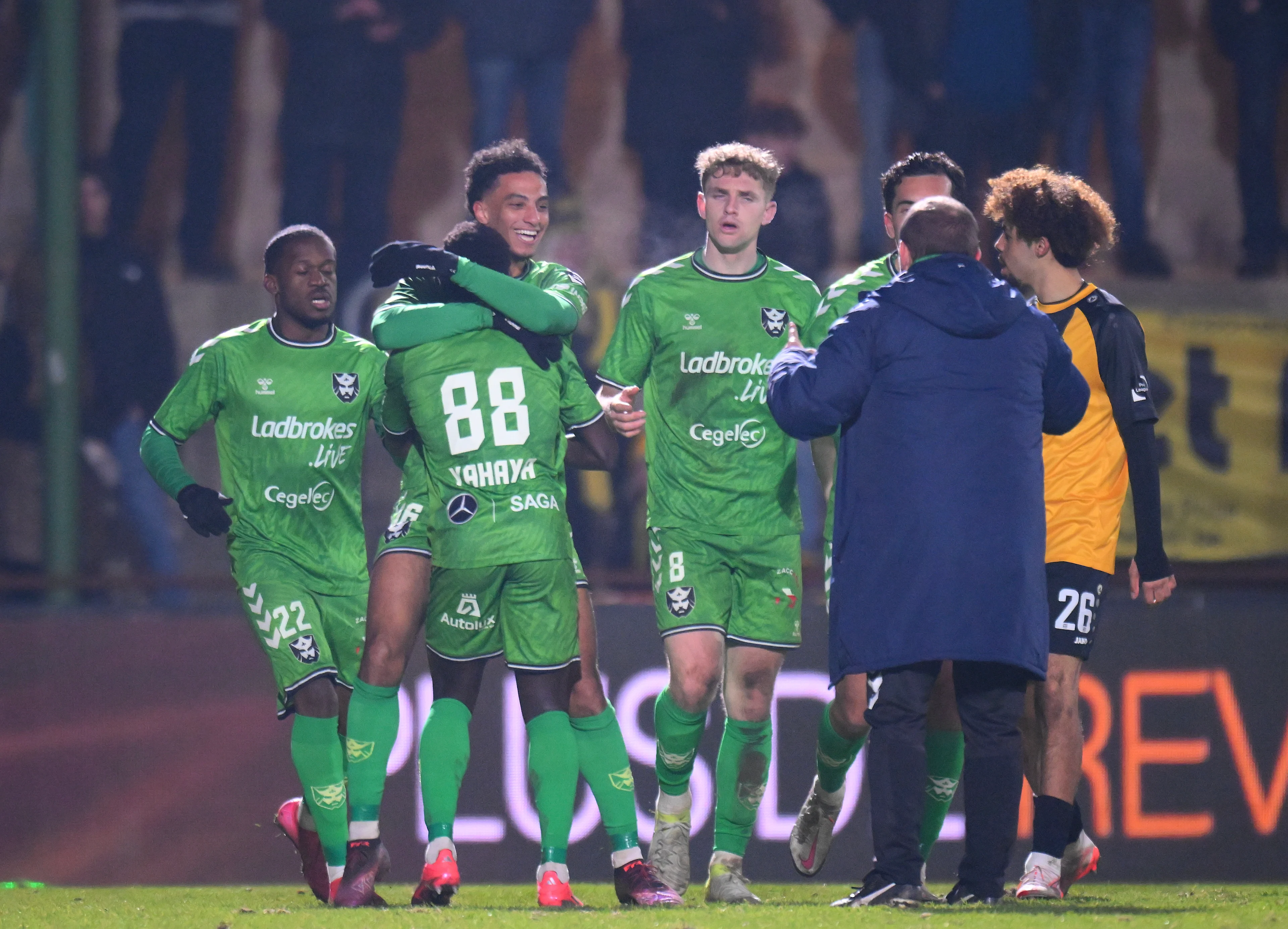 Francs Borains' Jibril Othman celebrates after scoring during a soccer match between Royal Francs Borains and Lierse SK, Sunday 02 March 2025 in Boussu, on day 24 of the 2024-2025 'Challenger Pro League' second division of the Belgian championship. BELGA PHOTO JOHN THYS