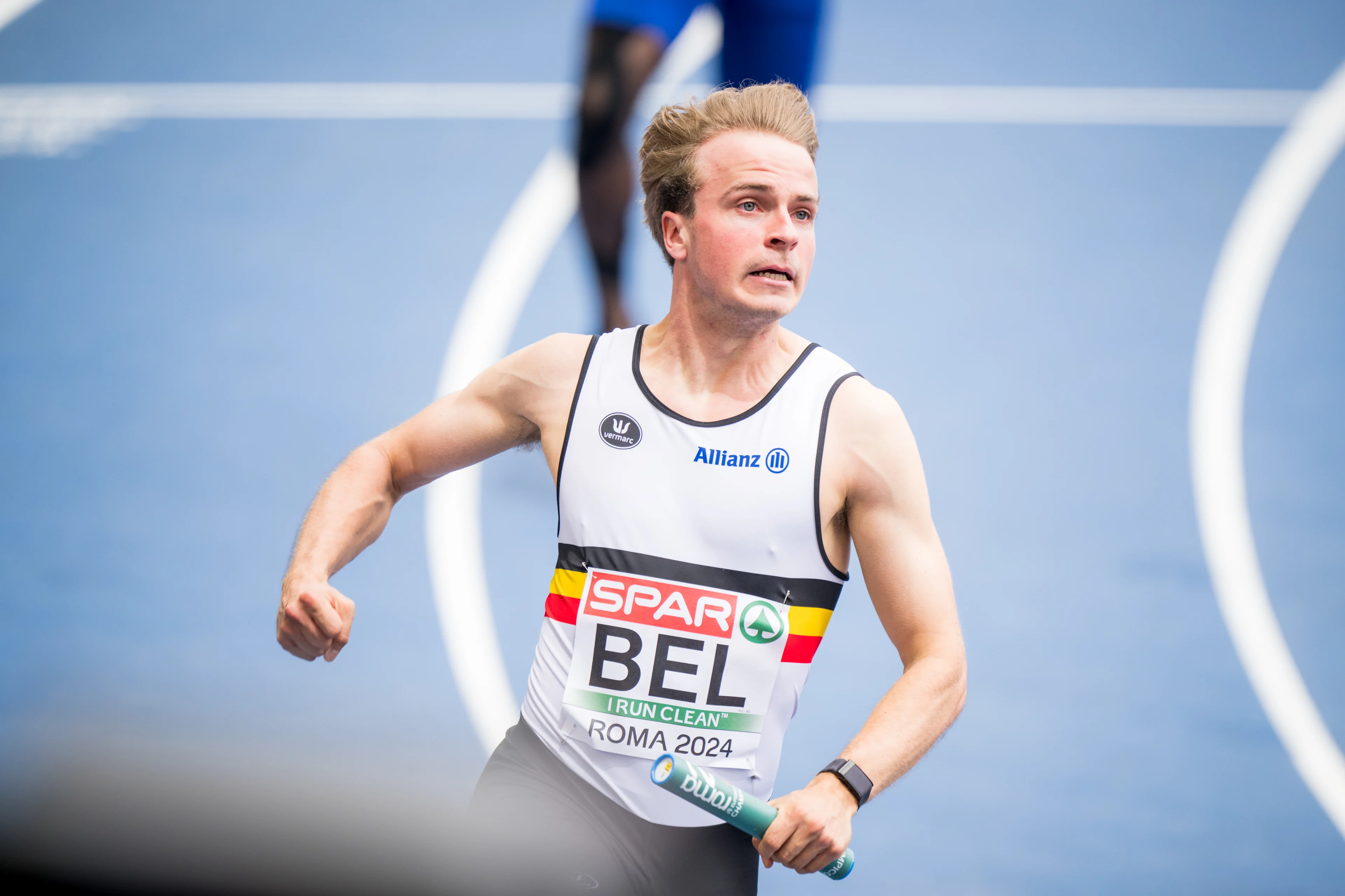 Belgian Simon Verherstraeten pictured in action during the men's 4x100m relay, at the European Championships Athletics in Rome, Italy, on Tuesday 11 June 2024. The European Athletics Championships take place from 7 to 12 June. BELGA PHOTO JASPER JACOBS