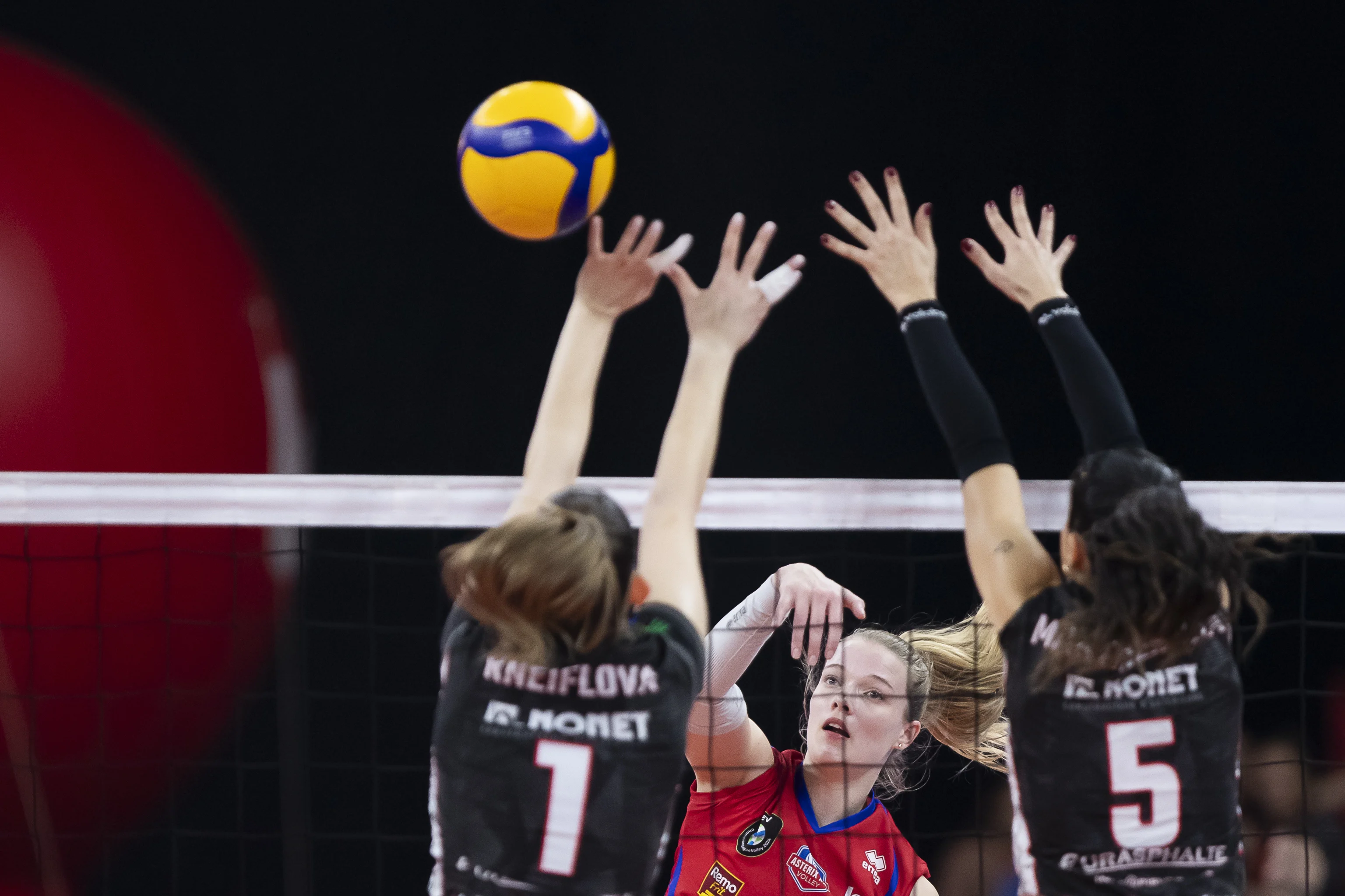 Asterix' Iris Vos pictured in action during the match between Asterix Avo Beveren and E.S. Charleroi, the final match in the women Belgian volleyball cup competition, Saturday 10 February 2024 in Merksem, Antwerp. BELGA PHOTO KRISTOF VAN ACCOM