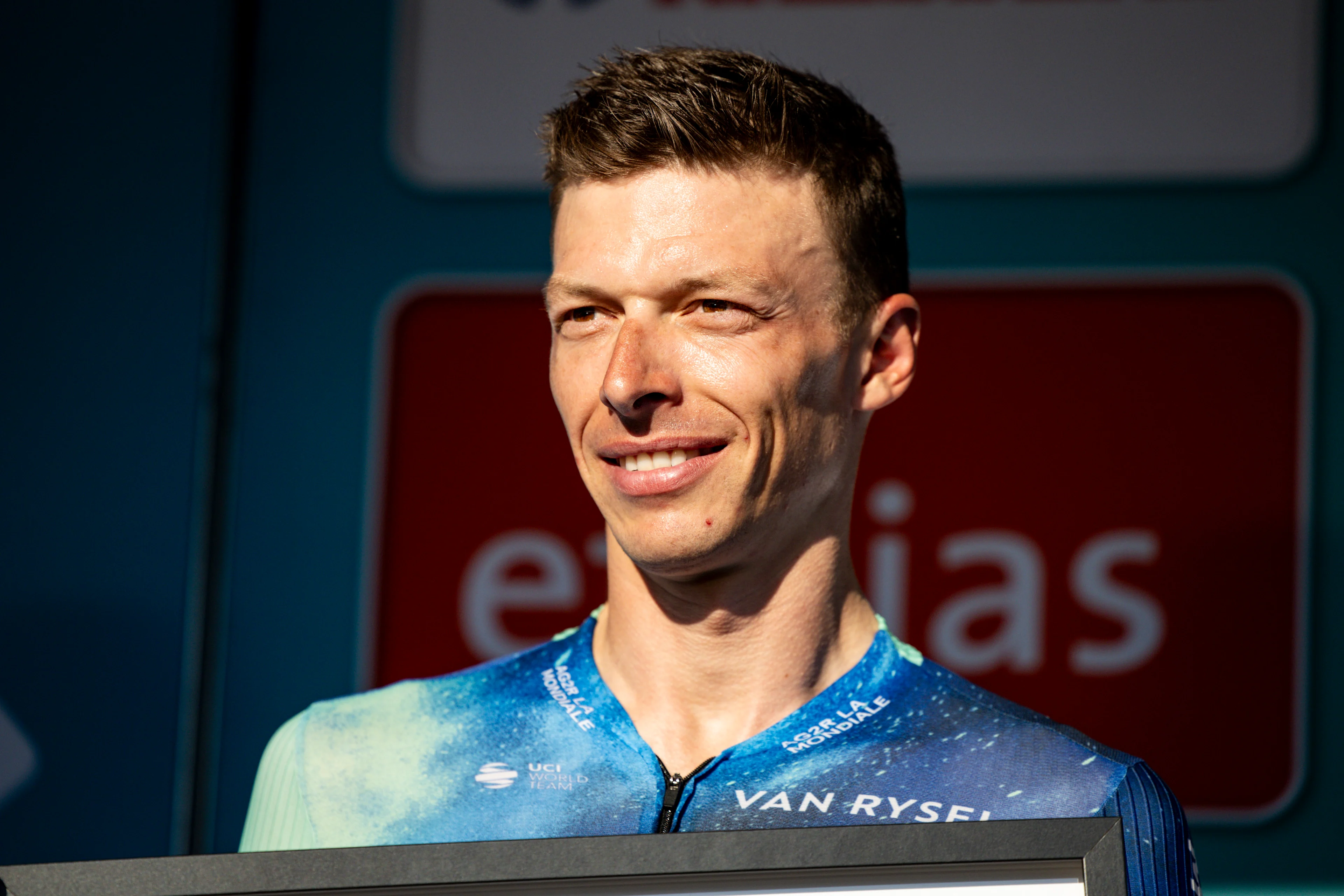 Belgian Oliver Naesen of Decathlon Ag2r La Mondiale Team pictured during the presentation of the teams ahead of the 'Renewi Tour' multi-stage cycling race starting tomorrow, on Tuesday 27 August 2024. The five-day race takes place in Belgium and the Netherlands.  BELGA PHOTO DAVID PINTENS