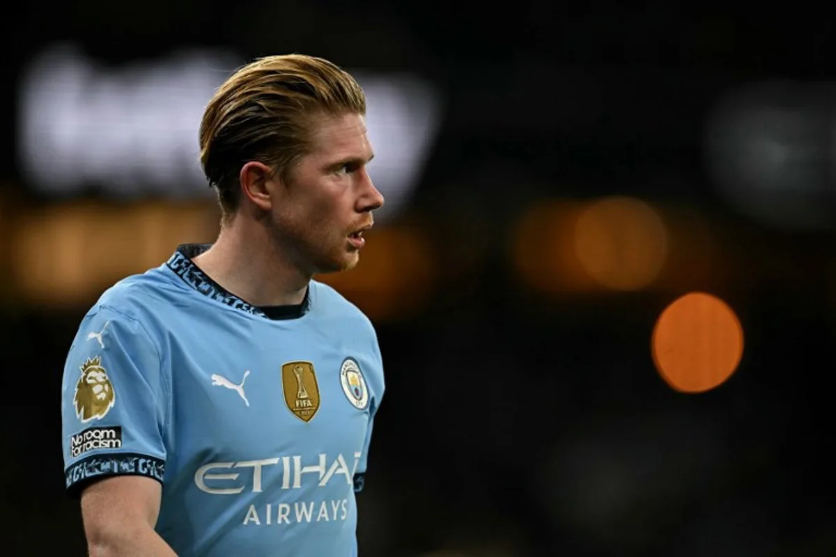 Manchester City's Belgian midfielder #17 Kevin De Bruyne looks on during the English Premier League football match between Manchester City and Manchester United at the Etihad Stadium in Manchester, north west England, on December 15, 2024.  Paul ELLIS / AFP