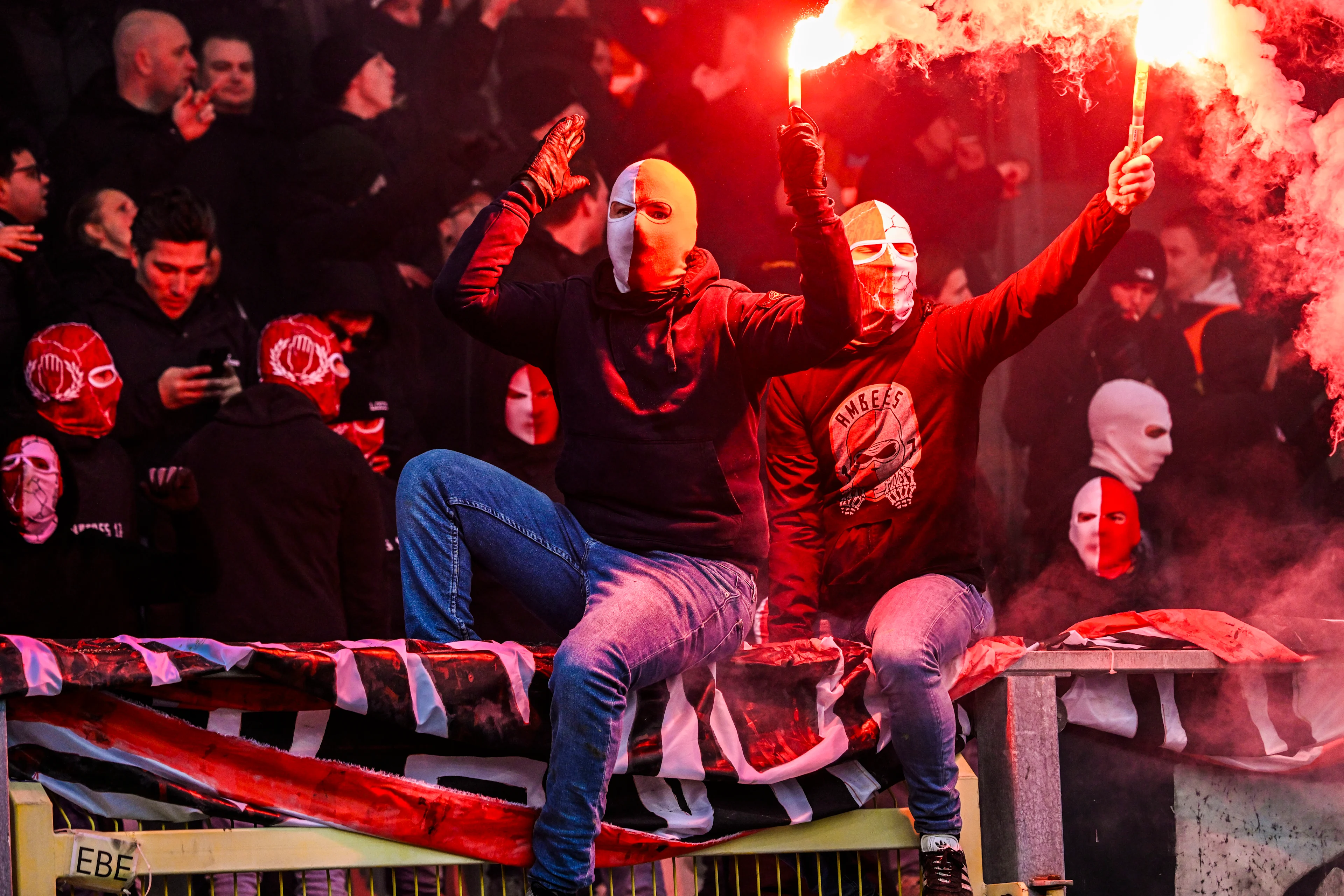 Antwerp's supporters pictured after a soccer game between Beerschot VA and Royal Antwerp FC, Sunday 12 January 2025 in Antwerp, on day 21 of the 2024-2025 season of 'Jupiler Pro League' first division of the Belgian championship. BELGA PHOTO TOM GOYVAERTS