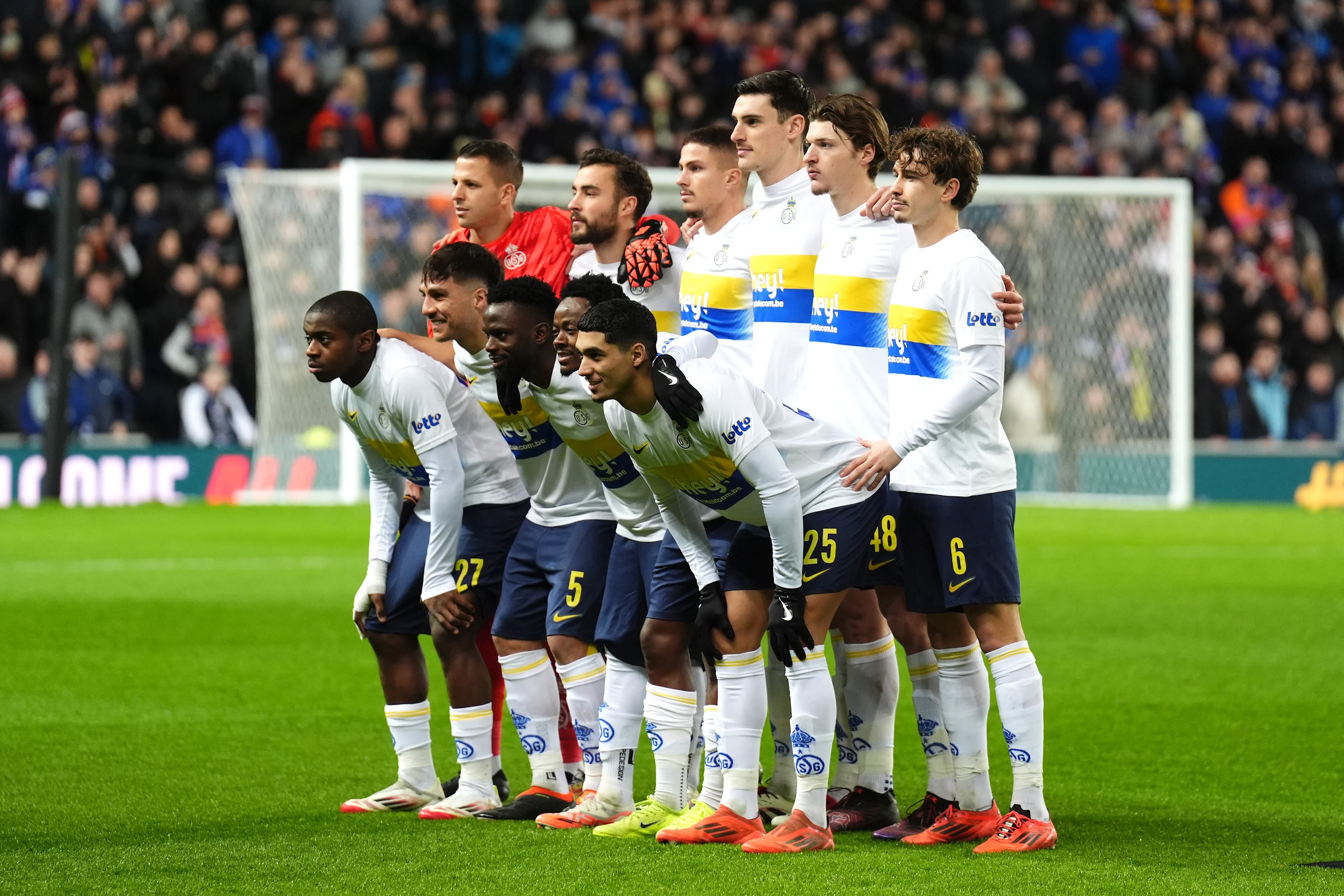 ATTENTION EDITORS - BELGIUM ONLY Union players pictured ahead of a soccer game between Scottish team Rangers and Belgian soccer team Royale Union Saint-Gilloise, on Thursday 30 January 2025, at Ibrox Stadium in Glasgow, United Kingdom, on day 8/8 of the League phase of the UEFA Europa League tournament.  BELGA PHOTO ANDREW MILLIGAN