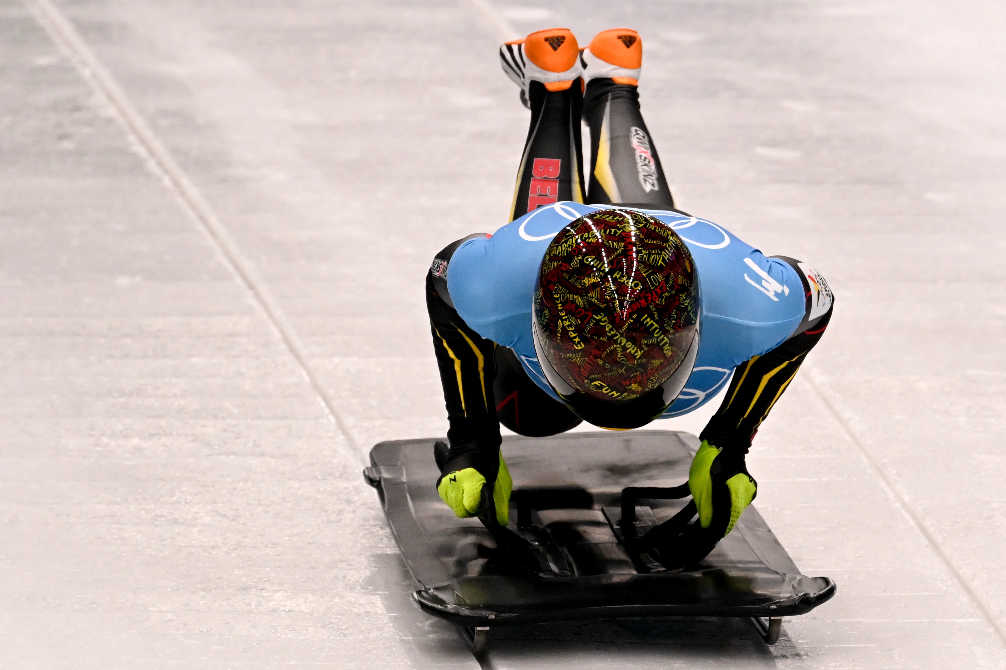 Belgian skeleton athlete Kim Meylemans pictured in action during the third run of the women's Skeleton event at the Beijing 2022 Winter Olympics in Beijing, China, Saturday 12 February 2022. The winter Olympics are taking place from 4 February to 20 February 2022. BELGA PHOTO LAURIE DIEFFEMBACQ