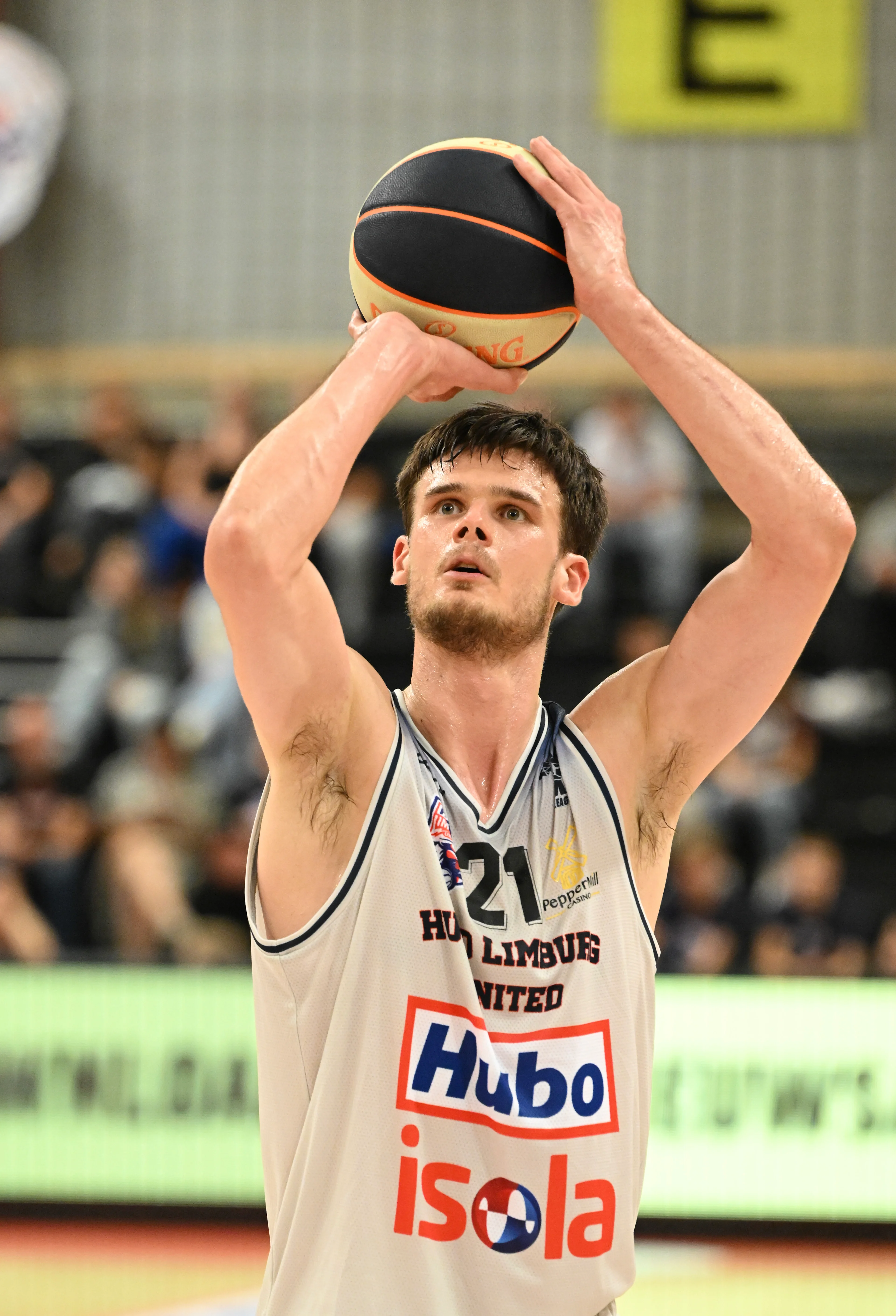 Limburg's Thibault Vanderhaegen pictured in action during a basketball match between Limburg United and Kangoeroes Mechelen, Friday 20 September 2024 in Hasselt, on day 2 of the 'BNXT League' Belgian/ Dutch first division basket championship. BELGA PHOTO JOHN THYS