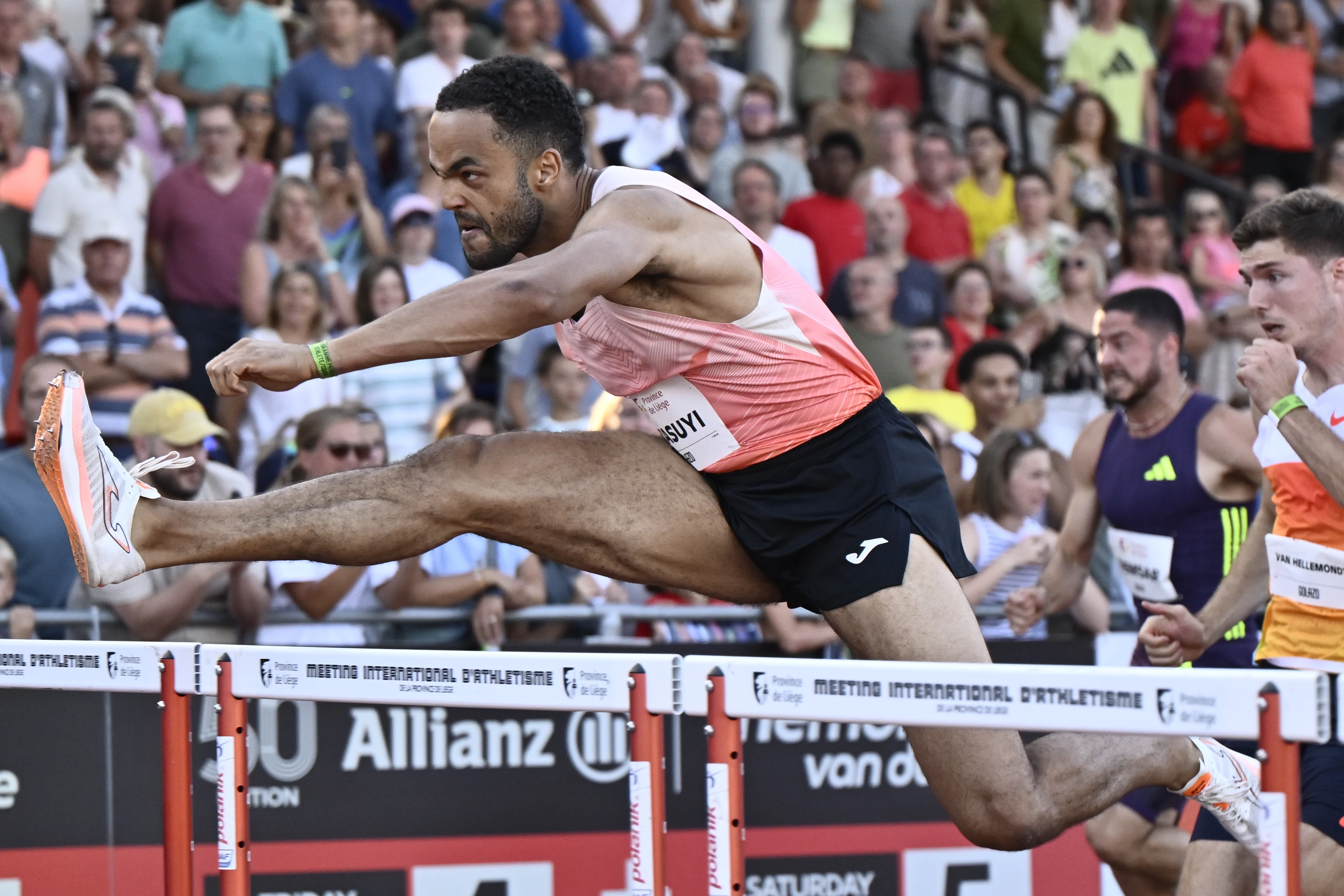 Belgian Michael Obasuyi pictured in action during the 100M hurdles at the 2026 edition of the 'Meeting International d'Athletisme de la Province de Liege' athletics event in Liege, Wednesday 15 July 2026.  BELGA PHOTO ERIC LALMAND