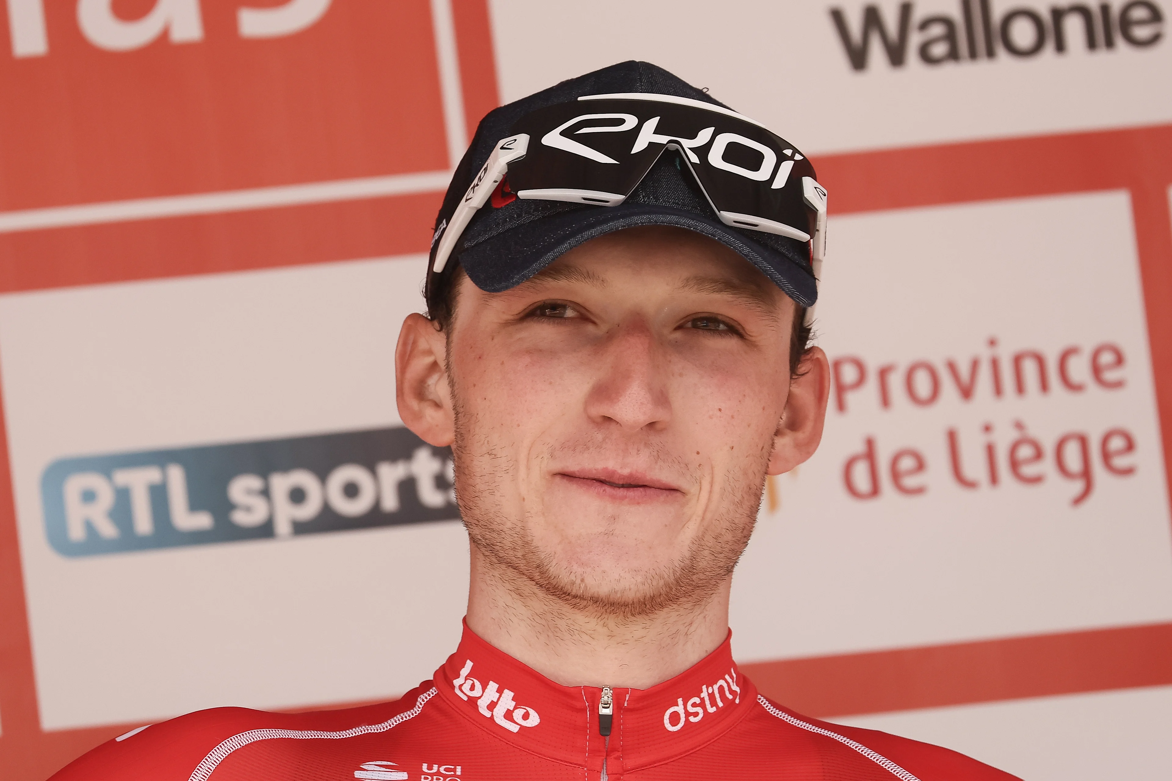 Belgian Liam Slock of Lotto Dstny celebrates on the podium of the stage 4 of the Tour De Wallonie cycling race, from Verviers to Herve (187 km), Thursday 25 July 2024. This year's Tour de Wallonie takes place from 22 to 26 July 2023. BELGA PHOTO BRUNO FAHY